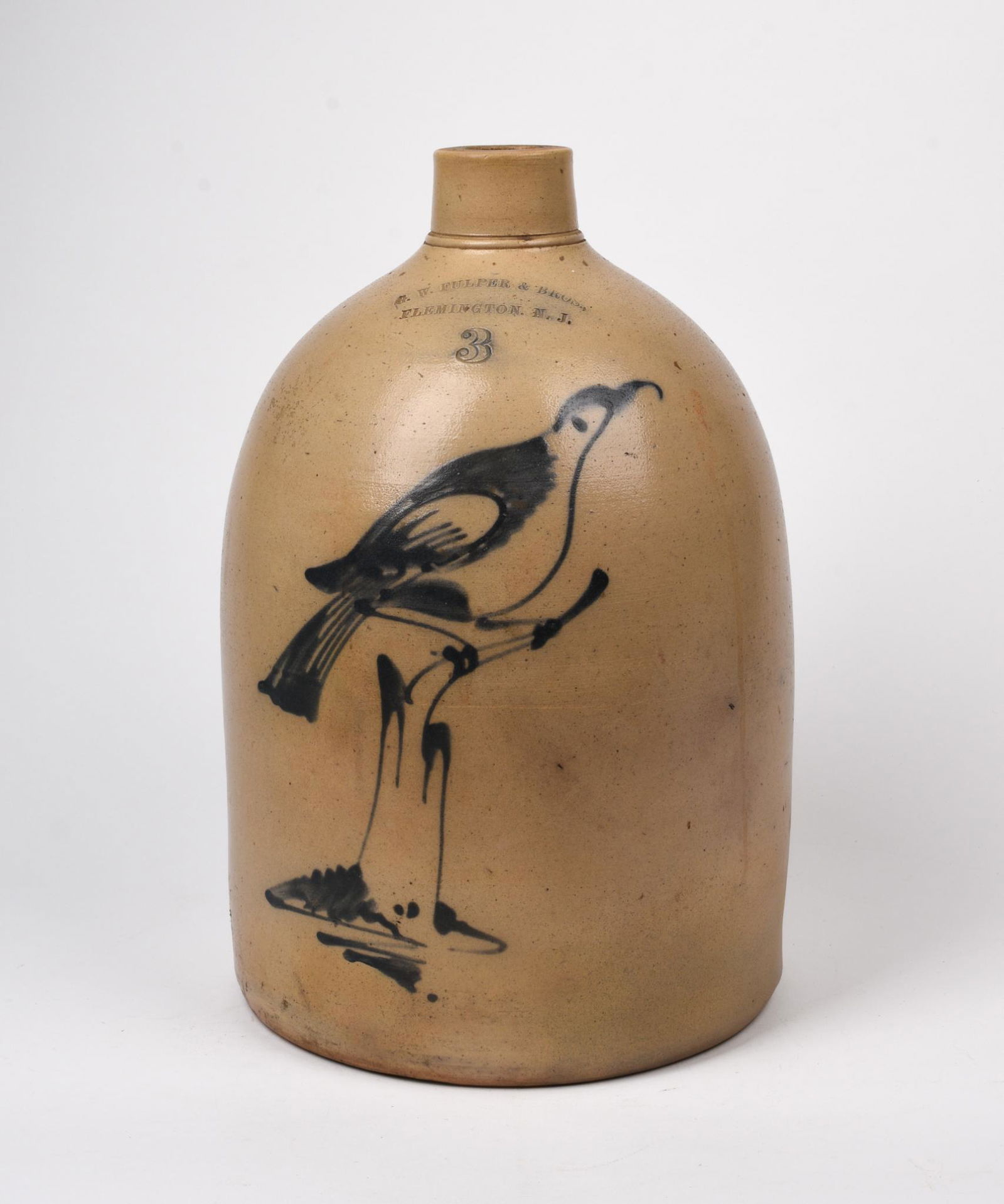 G.W. Fulper Bros 3 Gallon Jug With Bird. (1 of 3)