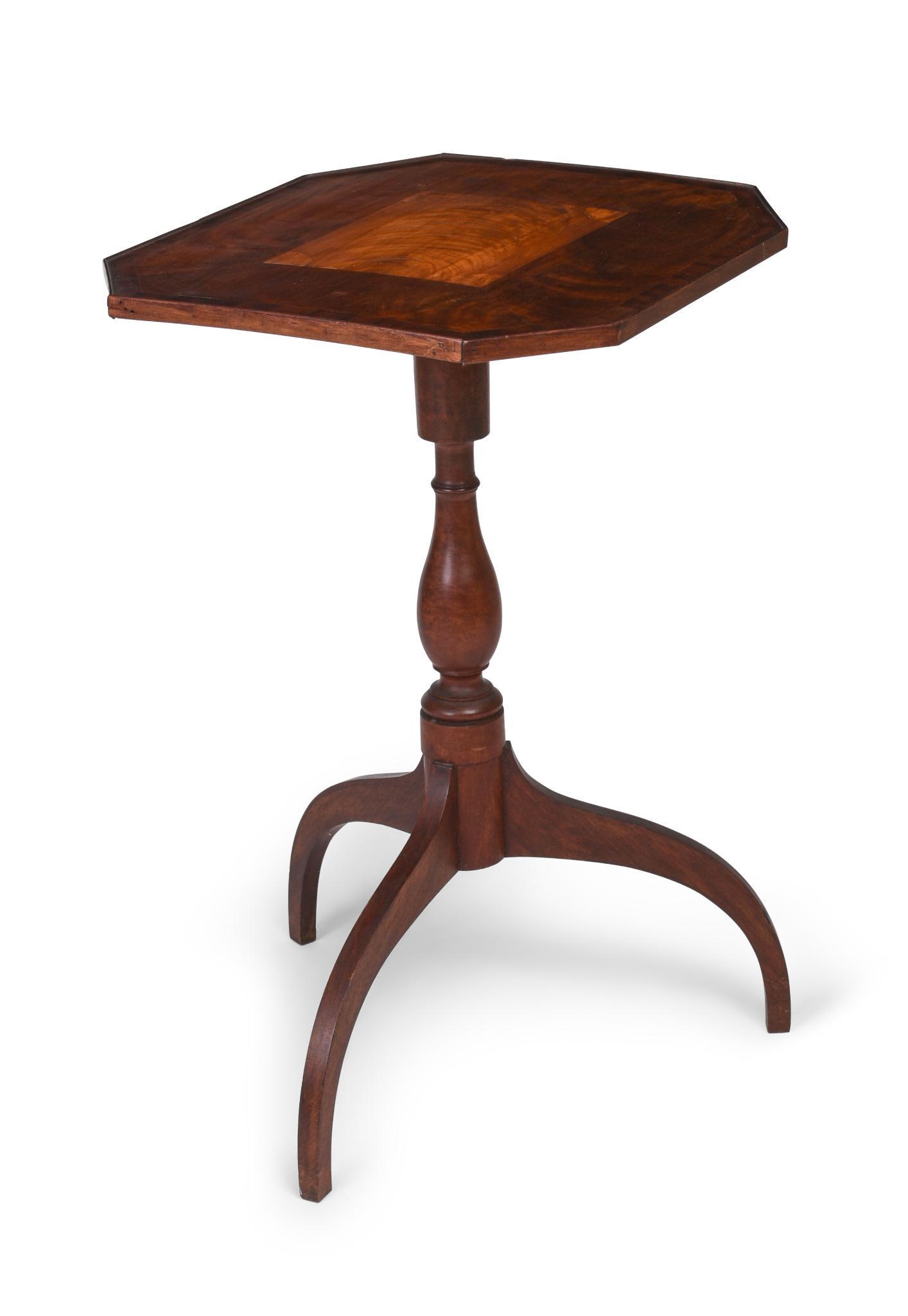 New England Tilt Top Candlestand With Inlaid Top.: Height 29 inches, top 20.75 x 18 inches. Top has been pegged in the open position.