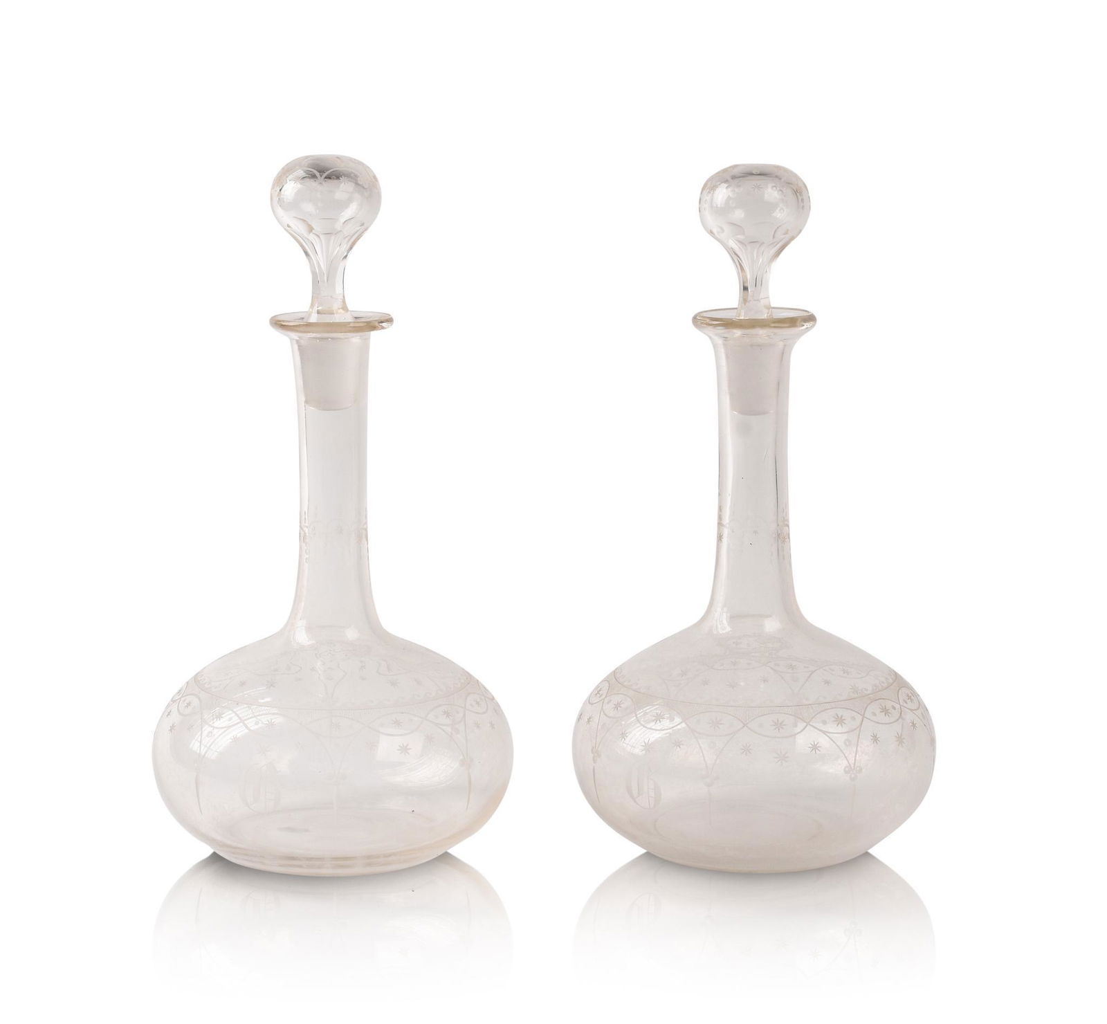 Pair of Early Etched Glass Decanters. (1 of 3)