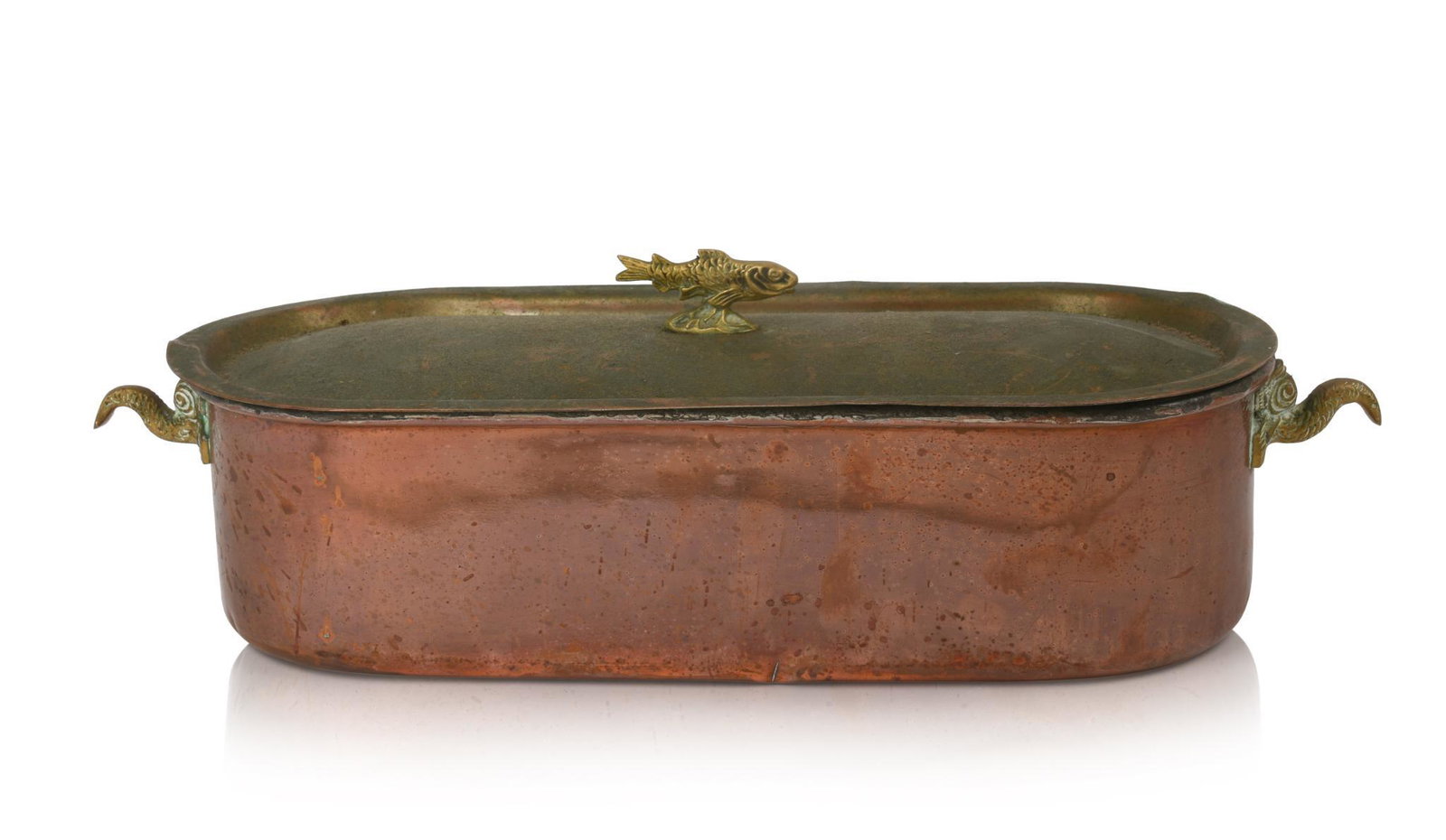 Copper Fish Poacher.: With brass dolphin form handles and fish form knop, length 17 inches.