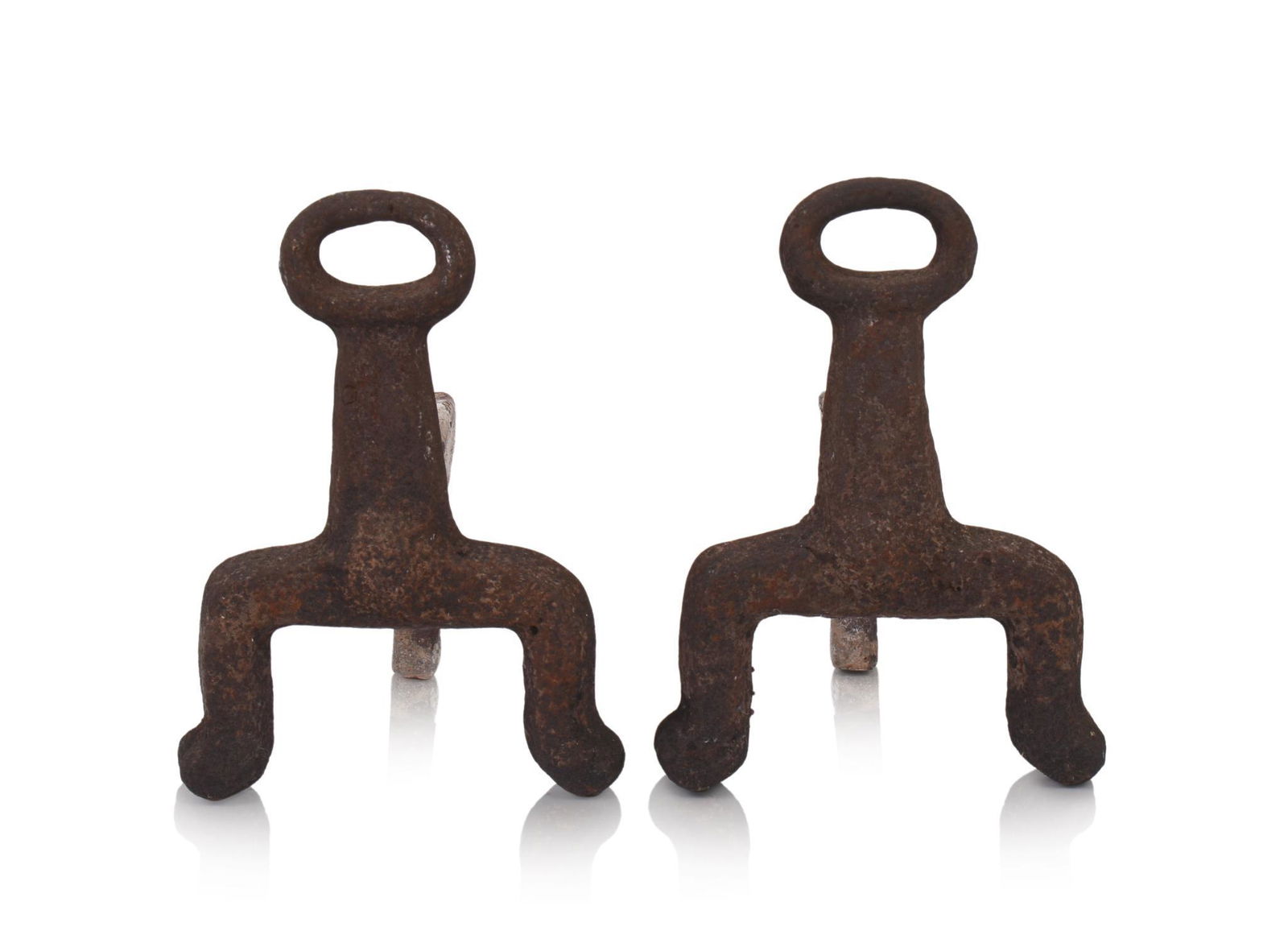 Pair of Small Cast Iron Andirons.: Height 11 inches, width 8 inches.