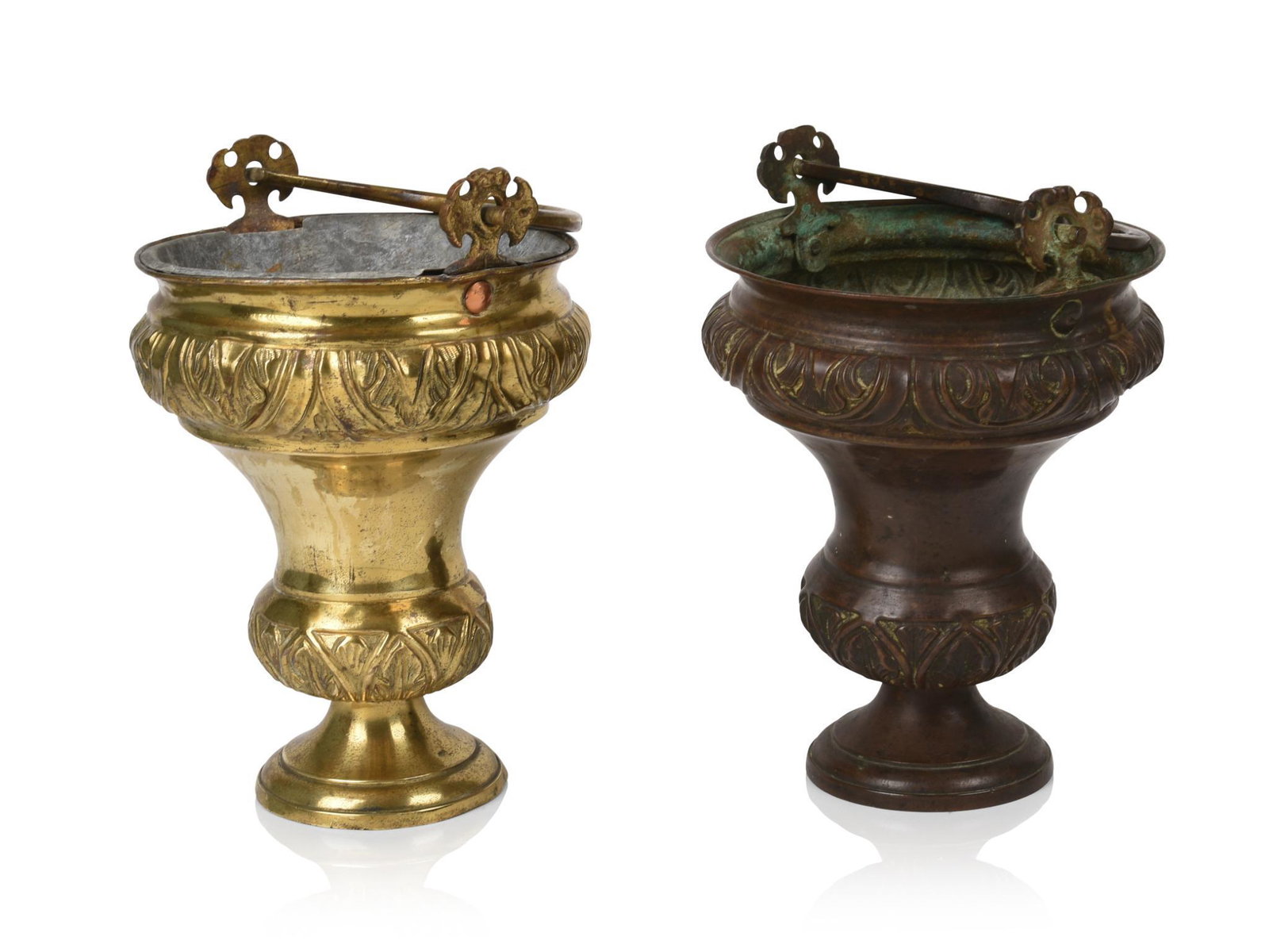 Near Pair of Continental Brass Urns.: Heights 7.25 and 7.5 inches.