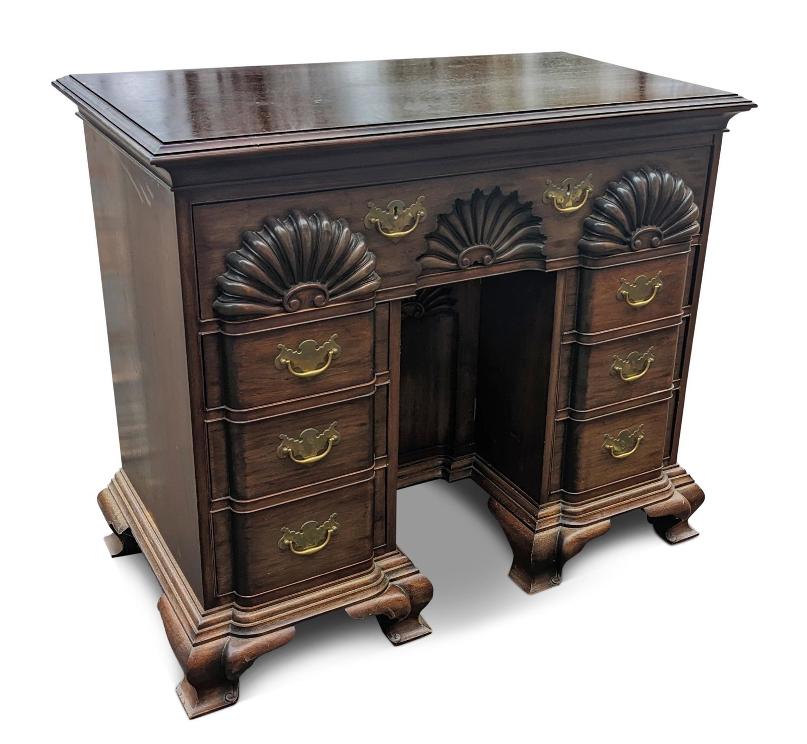 Bench Made Newport Style Blockfront Kneehole Desk.: Height 36.5 inches, width 42 inches, depth 23 inches.
