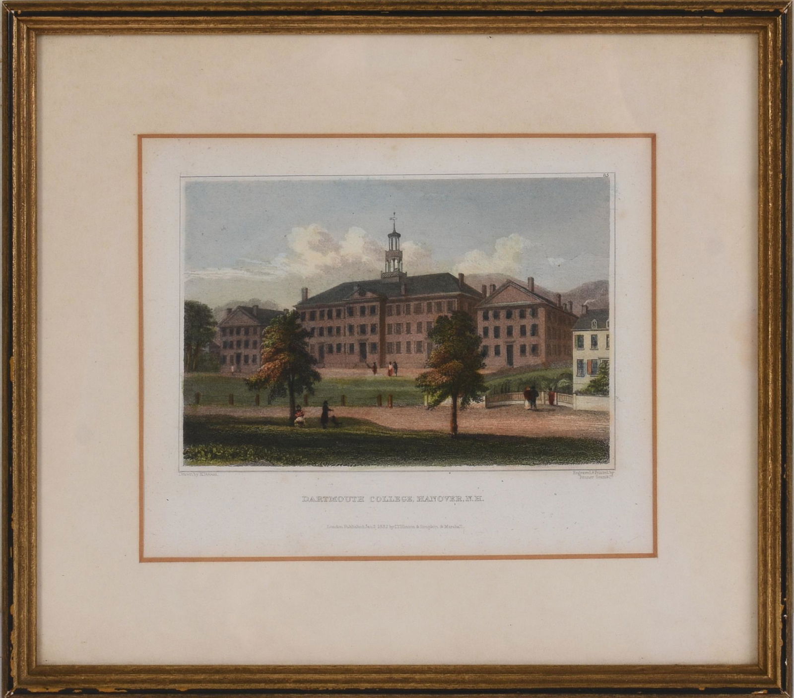 1832 Dartmouth College Print.: Drawn by H. Brown, Engraved & Printed by Penner Sears & Co, image 4 x 5.5 inches. Framed, 9.25 x 10.25 inches.