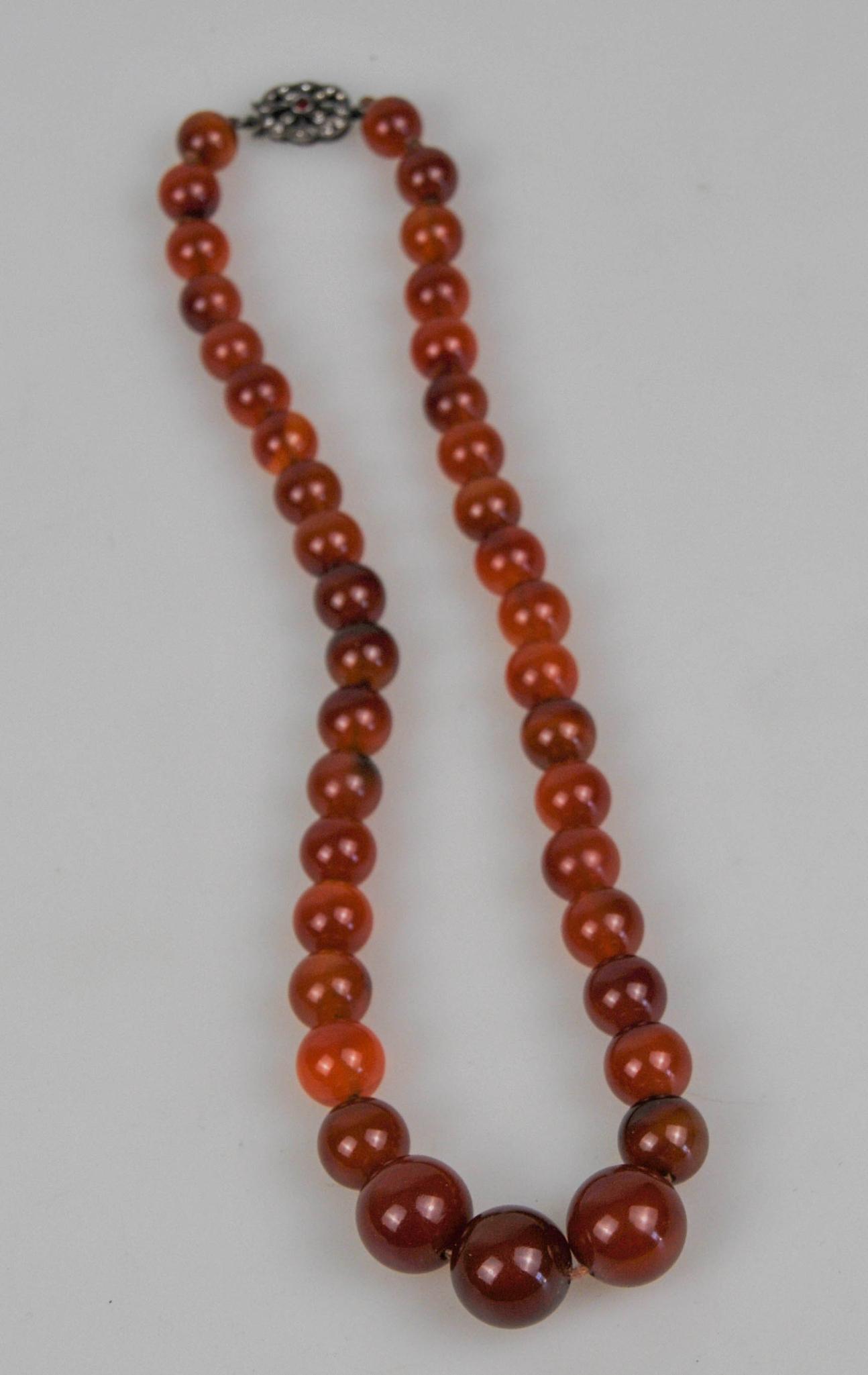 VINTAGE FRENCH CARNELIAN GRADUATED BEAD NECKLACE FANCY SILVER CLASP: 16 3/4" long closed 14.5mm to 9mm beads