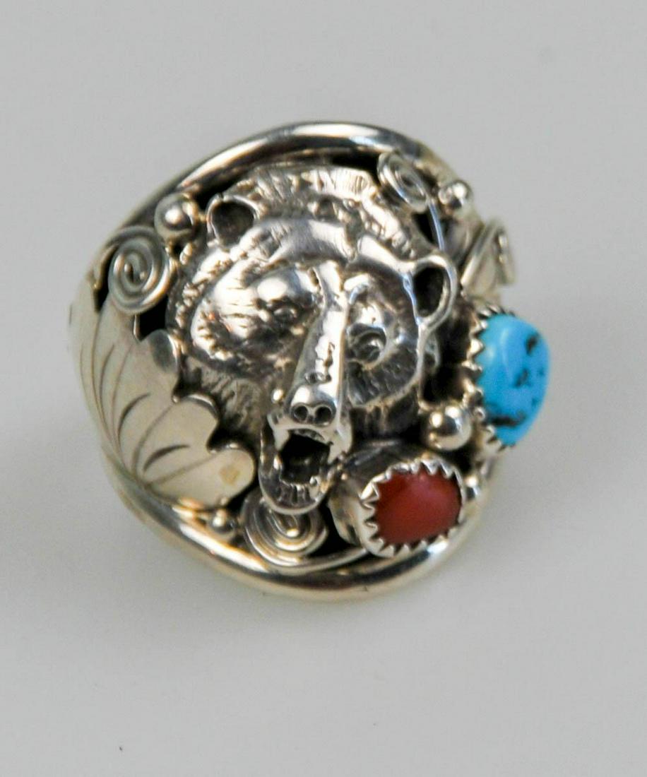 NAVAJO STERLING SILVER TURQUOISE CORAL BEAR RING RUNNING BEAR (1 of 5)