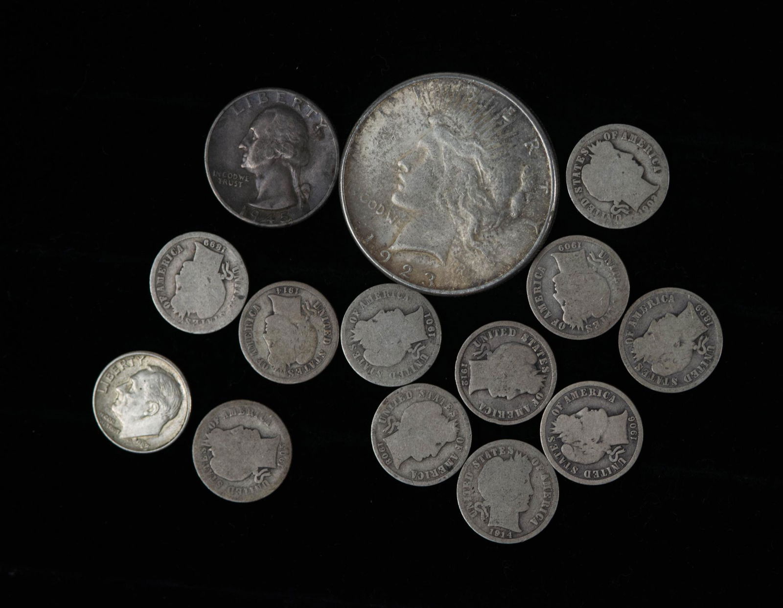 US ALL SILVER BARBER DIME WASHINGTON QUARTER PEACE DOLLAR LOT (1 of 5)