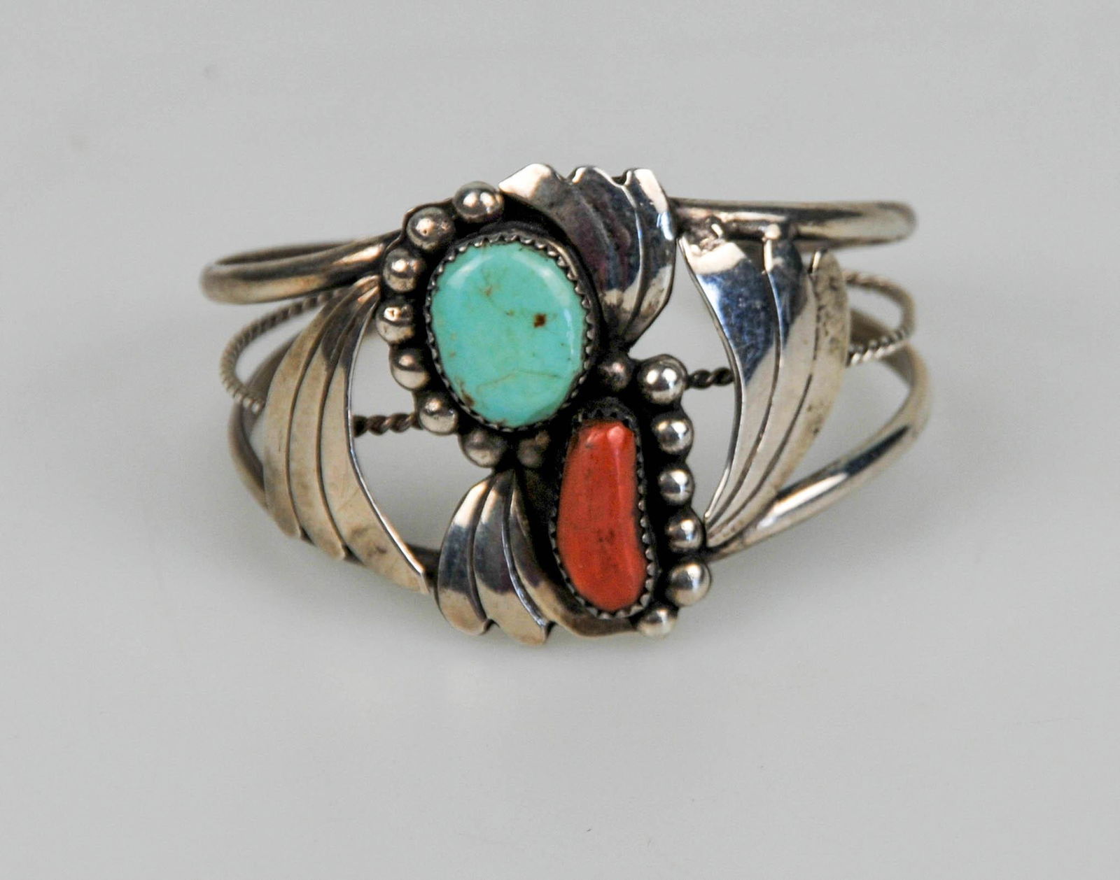 STERLING SILVER NATIVE NAVAJO BEN YAZZIE CORAL TURQUOISE CUFF BRACELET (1 of 3)