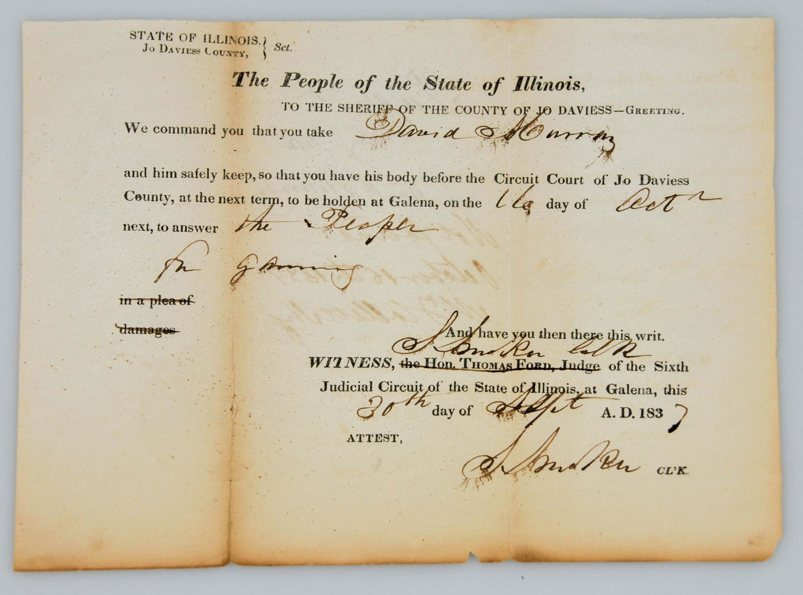 ANTIQUE 1837 JOE DAVIESS COUNTY ILLINOIS ARREST WARRANT SIGNED (1 of 3)