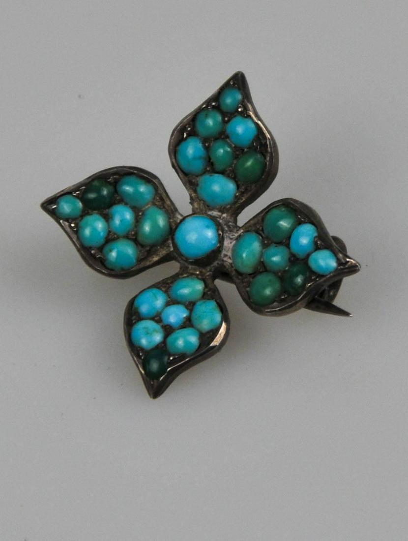 ANTIQUE 900 SILVER AND TURQUOISE FLOWER PIN BROOCH: 15/16" by 15/16" multitone turquoise Flower