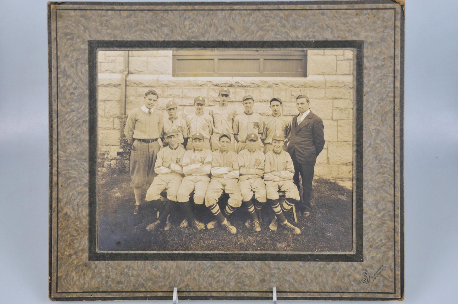 EARLY BERWICK ACADEMY BASEBALL TEAM PHOTOGRAPH: W Fogg memorable building in background. South Berwick Maine. 13 1/4" by 11 1/4" w matting
