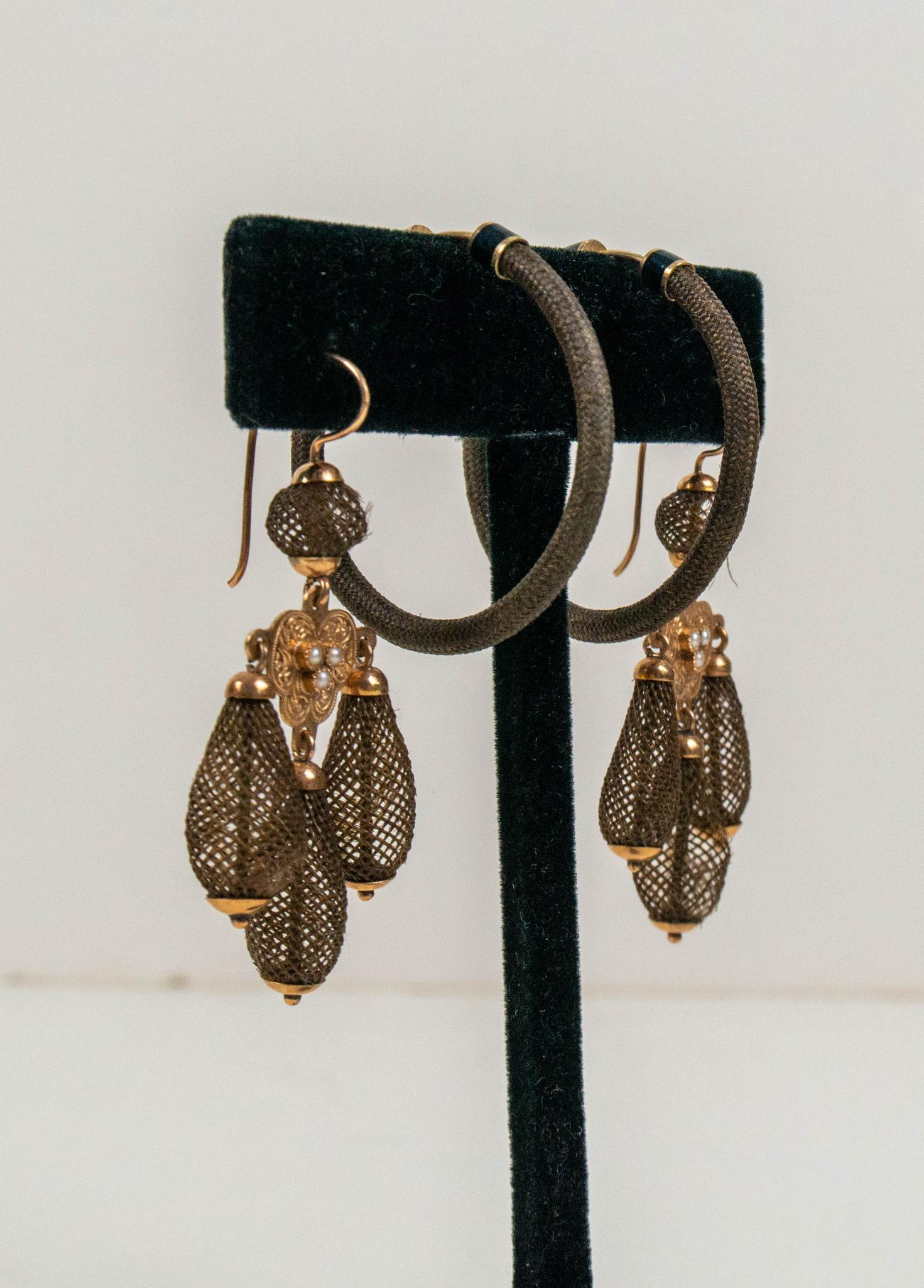 ANTIQUE 14K YELLOW ROSE GOLD HAIR MOURNING JEWELRY EARRING LOT 2 PAIR (1 of 3)