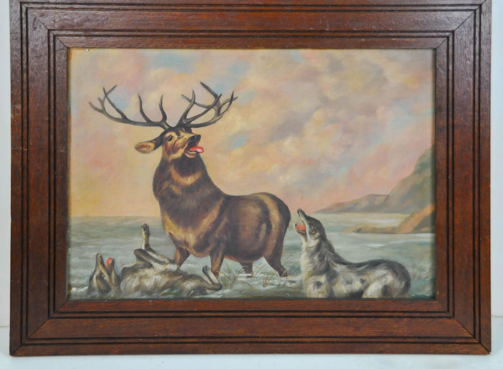 19TH CENTURY WOLF HUNTING ELK STAG OIL PAINTING ON CANVAS (1 of 7)