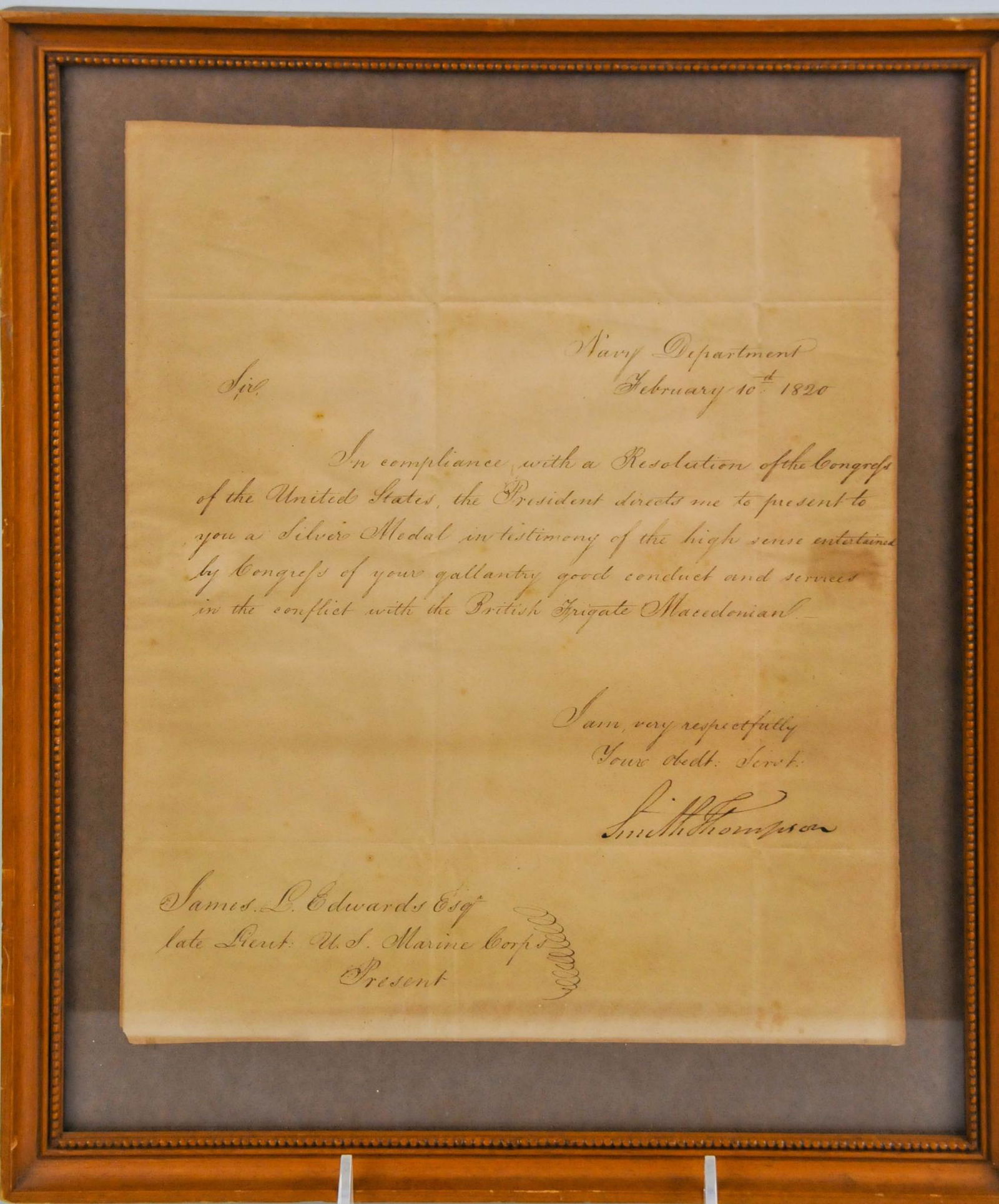 1820 SILVER MEDAL AWARD LETTER MACEDONIAN CONFLICT WAR 1812 (1 of 4)