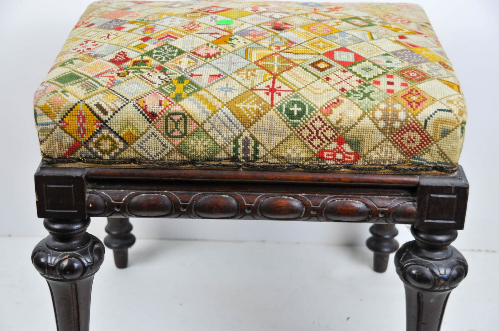 19TH CENTURY ORNATE DIAMOND PATTERN NEEDLEPOINT FOOTSTOOL (1 of 11)
