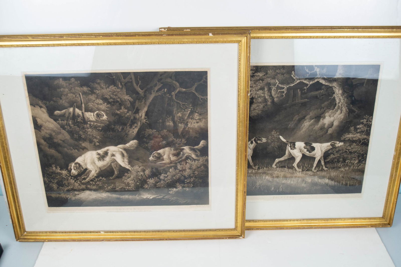1806 WILLIAM WARD SETTERS POINTERS HUNTING DOG MEZZOTINT PAIR: Have been remountedd and repaired but could be original frame. frame has chipped areas as seen. frames measure 21 1/2" by 24 1/2". minor water stain on left of both. old labels still attached
