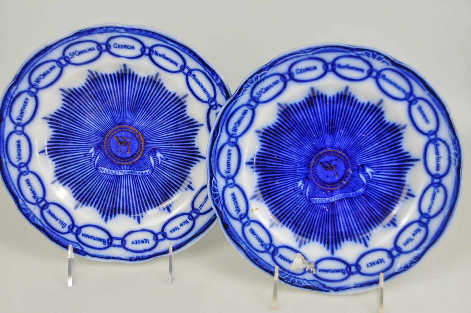 2 ANTIQUE FLOW BLUE MARTHA WASHINGTON CHAIN OF STATES PLATE LOT: 2 plates both compliments of DH Mcintosh of Portsmouth NH. minor wear scuffs scratches