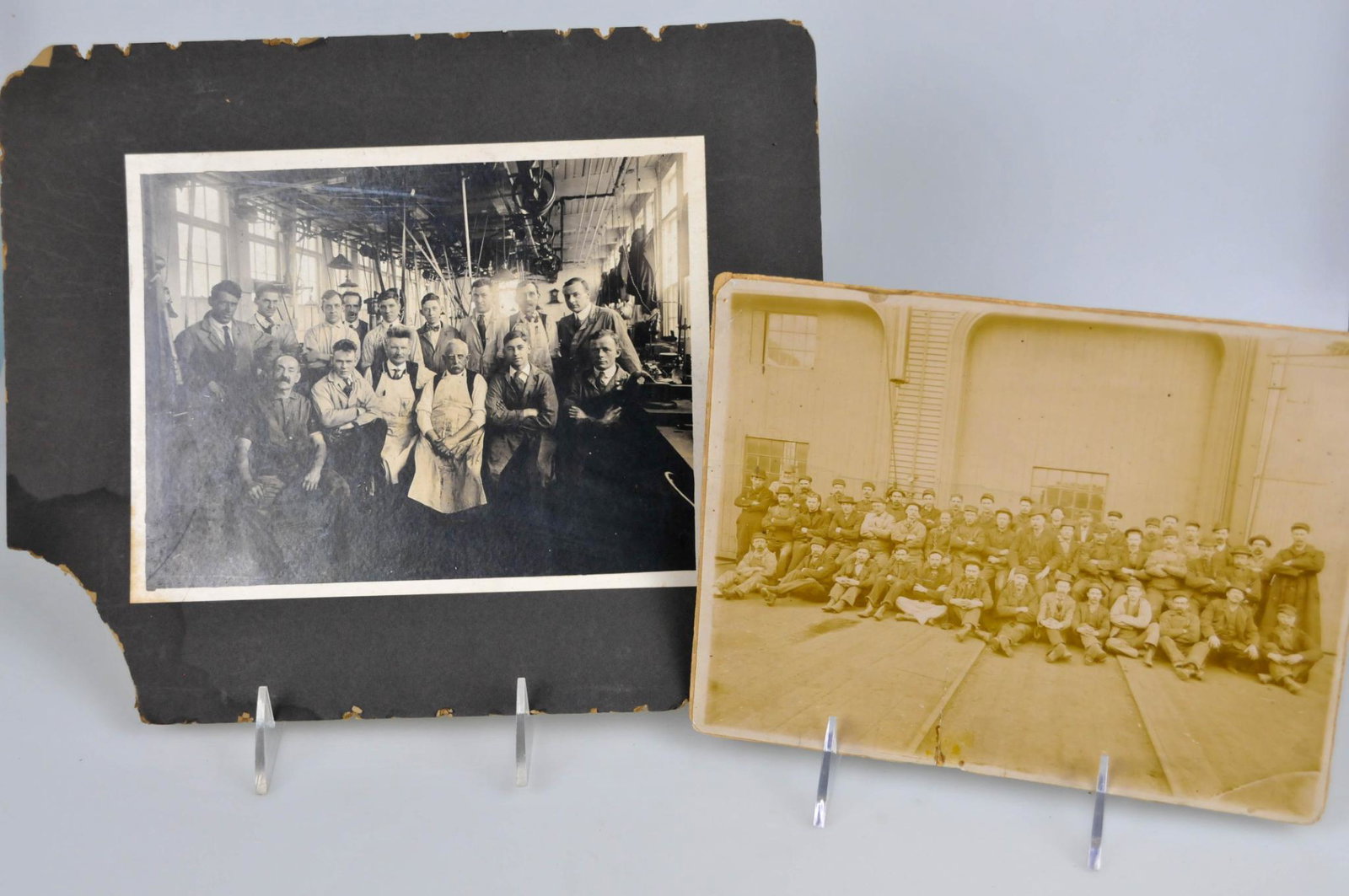 2 LATE 19TH CENTURY FACTORY WORKER PHOTOGRAPH LOT: Some condition issues. both photos 8 1/2" by 6 1/2". matting larger on one with damage
