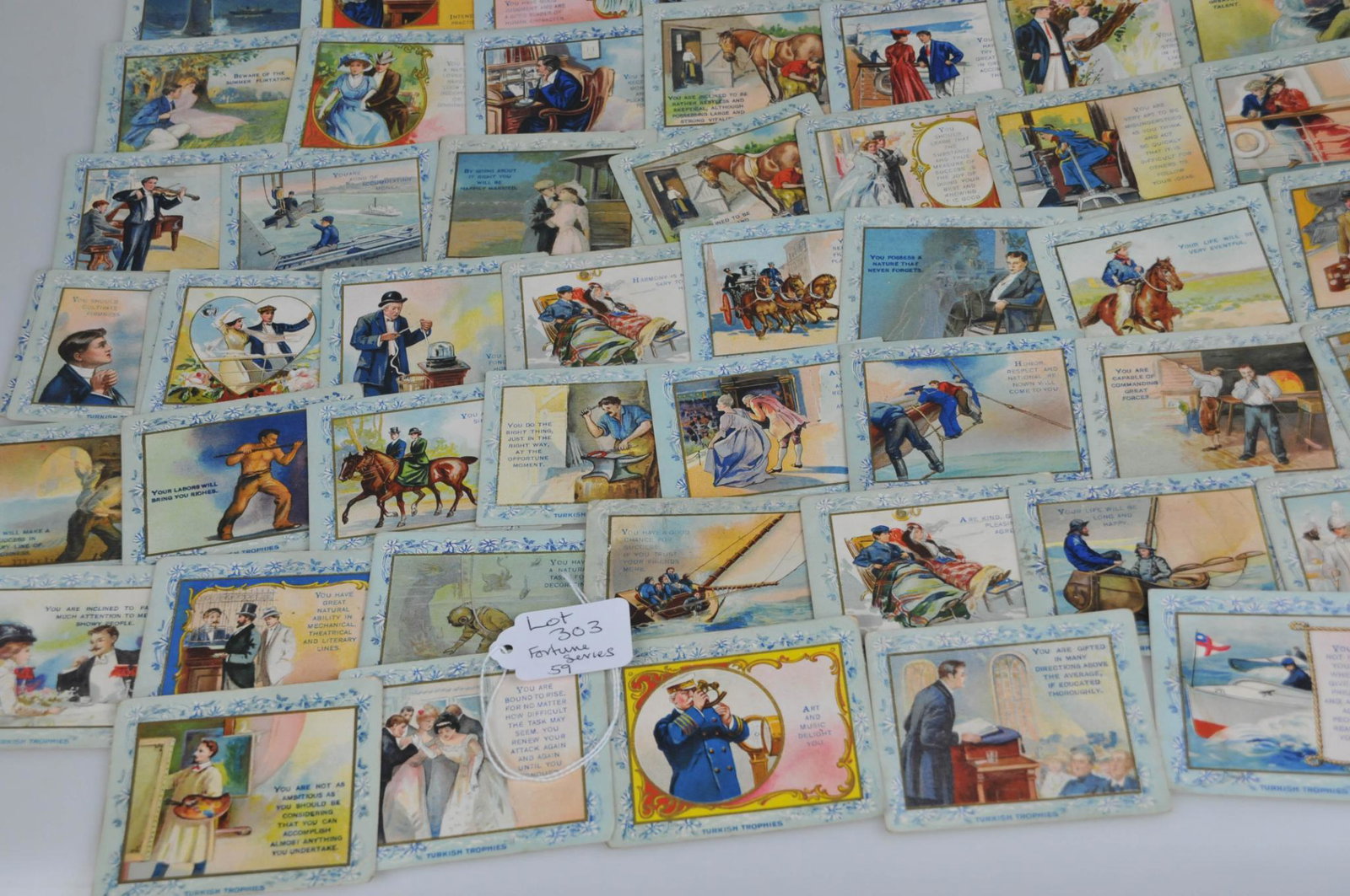 59 1910 TURKISH TROPHIES CIGARETTE TOBACCO FORTUNE SERIES CARD LOT: 59 cards in varying conditions from fortune series