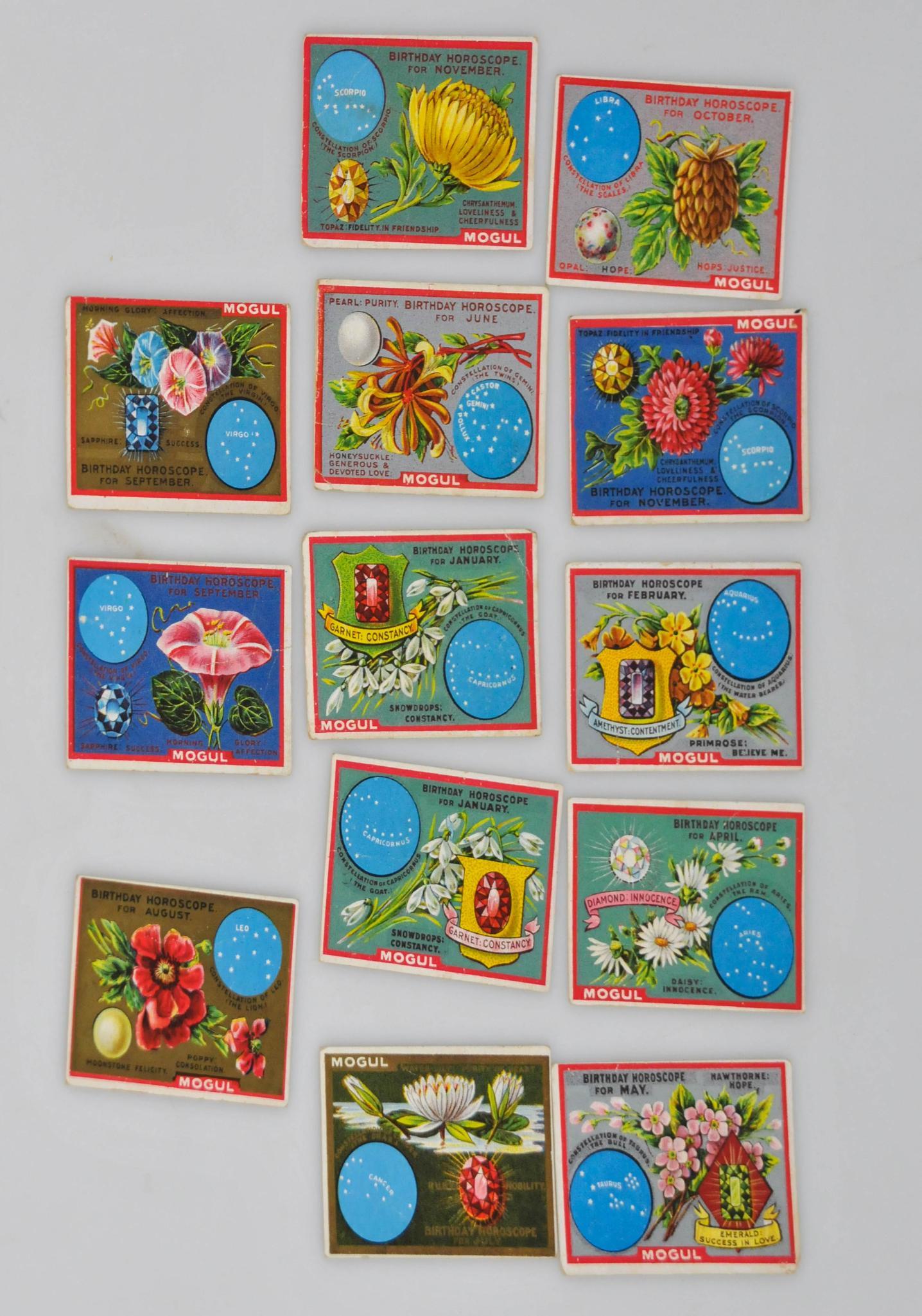 13 EARLY MOGUL CIGARETTE TOBACCO BIRTHDAY HOROSCOPE SERIES CARD LOT (1 of 4)
