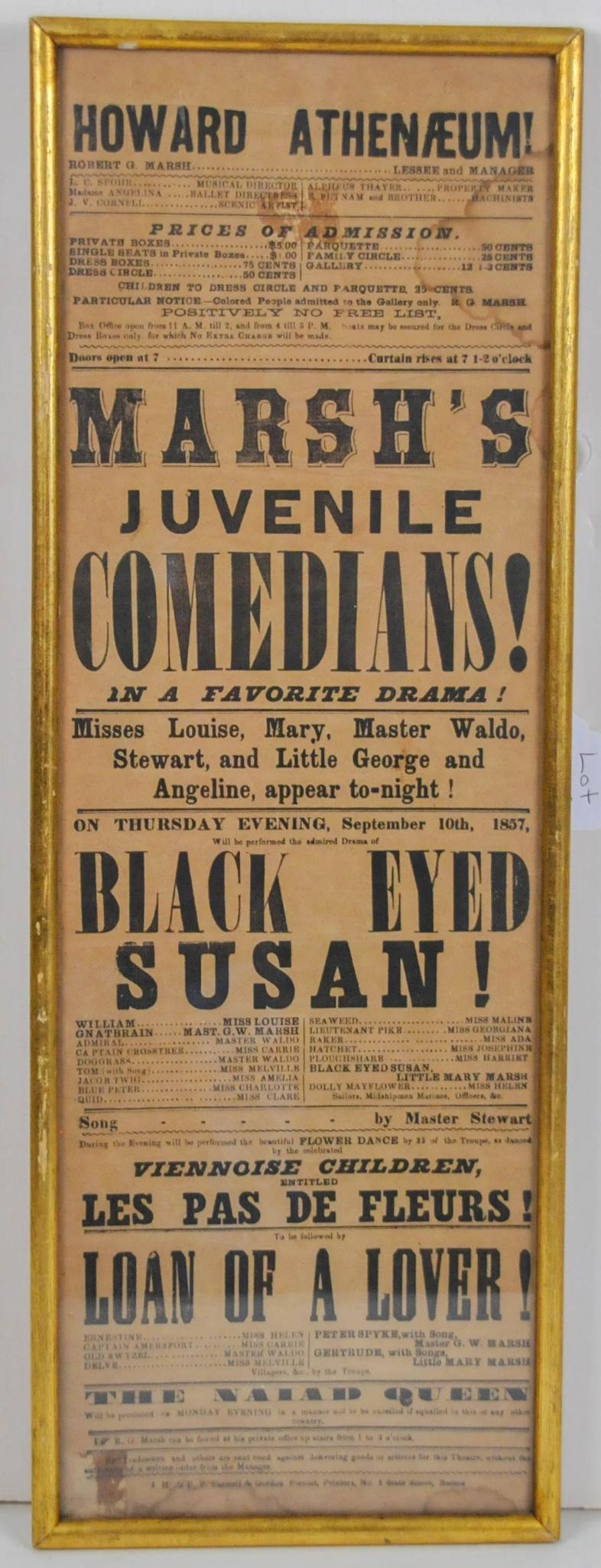 1857 HOWARD ATHENAEUM BOSTON MA FRAMED AD POSTER BLACK EYE SUSAN (1 of 6)