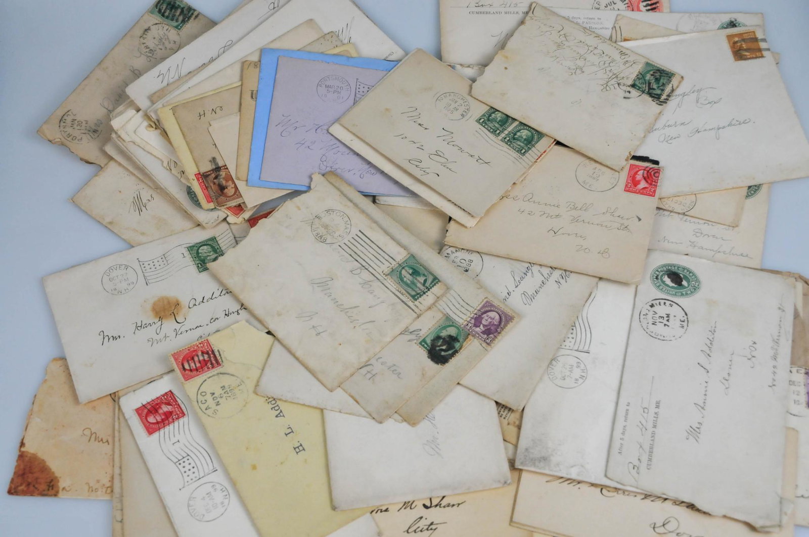 ANTIQUE TO VINTAGE DOVER MANCHESTER NH PAPER LETTER CANCEL ENVELOPE LOT: This lot has letters from the 1800s to Dover NH, Manchester NH and other NH towns. some are just envelopes many with NH cancel stamps