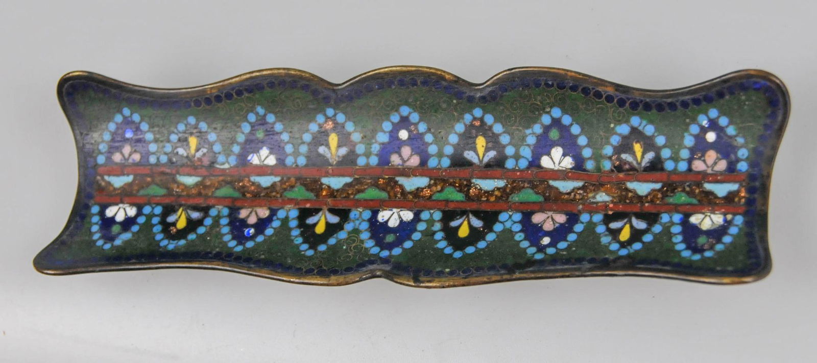 ANTIQUE BRASS & MULTI COLOR ENAMEL CLOISONNE PEN PENCIL TRAY (1 of 4)