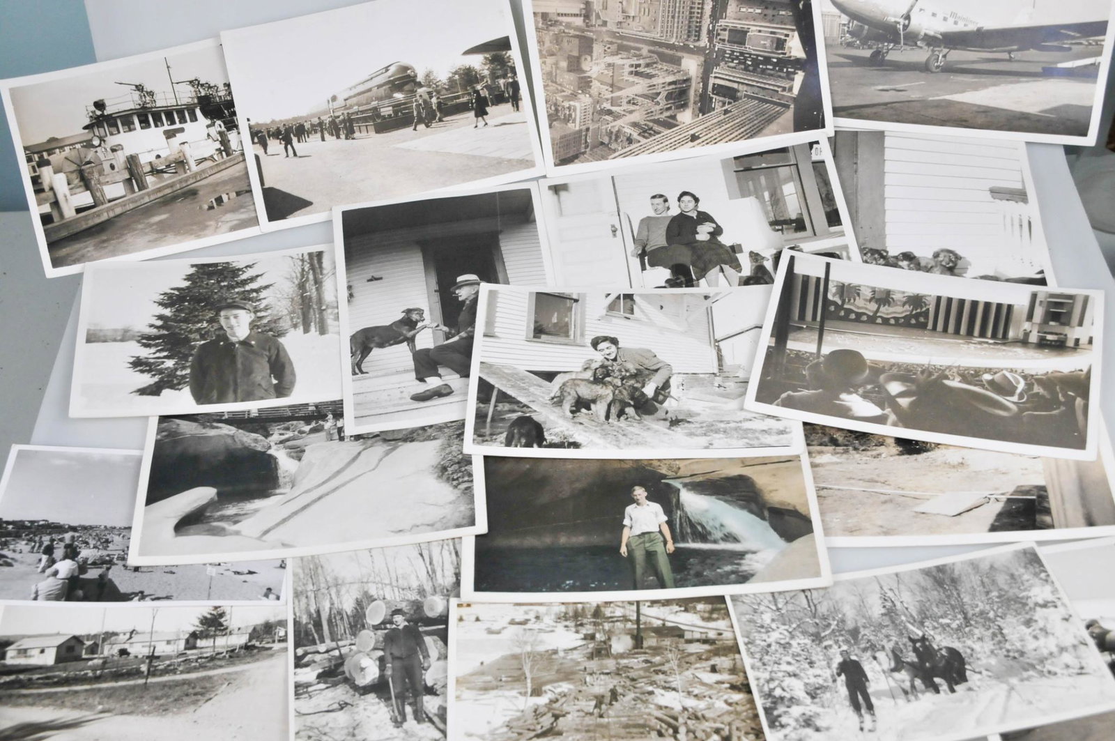EARLY SOUTH BERWICK & YORK BEACH TRAIN LOGGING PHOTOGRAPH LOT: Mix lot from South Berwick Maine estate. Photos include York Beach, dirt road farmhouse, Logging, Horses, dogs, People, explosion, waterfall, train,airplane flagship, mainliner, fire department fire b