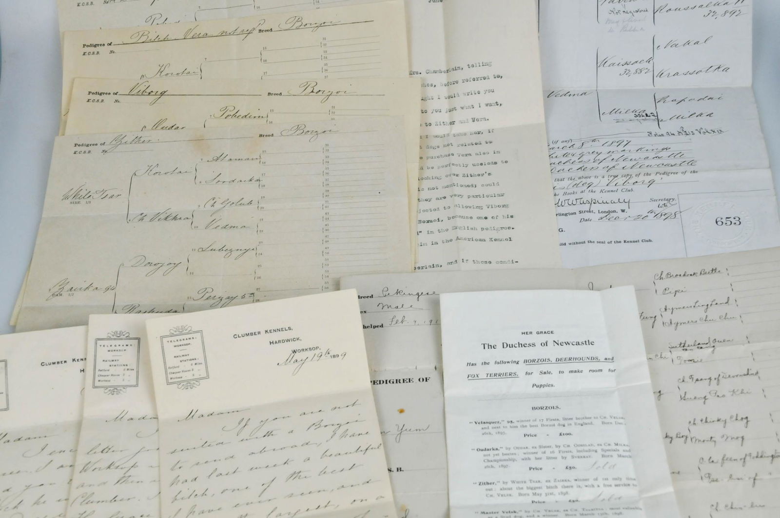 19TH CENTURY DUCHESS OF NEWCASTLE DOG BREEDING LETTER PEDIGREE LOT (1 of 12)