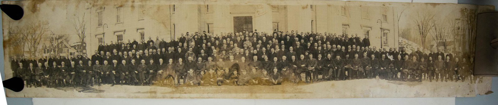 1921 YARD LONG VERMONT LEGISLATURE PHOTOGRAPH MCALLISTER BURLINGTON: Measures 42". photograph has some staining could use a cleaning. written on back "Mrs Bertha Green Bowen Stockbridge Vermont. Photo has some damage to far right and some cracking from being ro