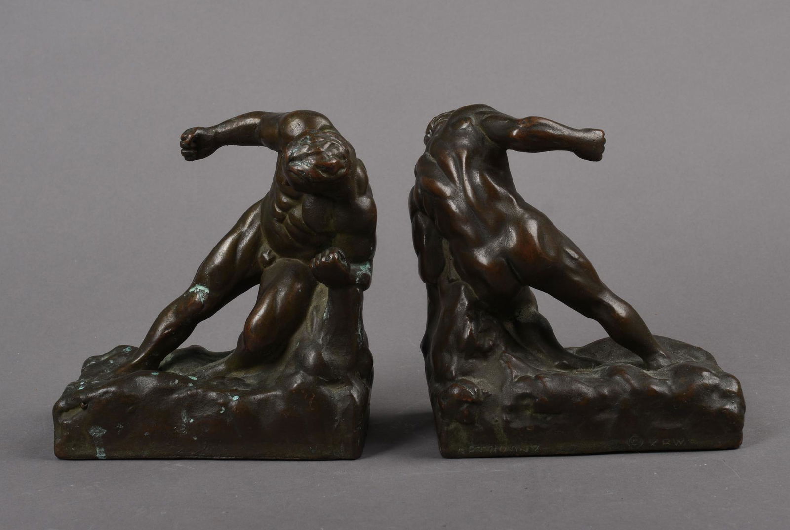 Pair KBW Art Bronz Bookends.: Height 6.5 inches, marked on back.