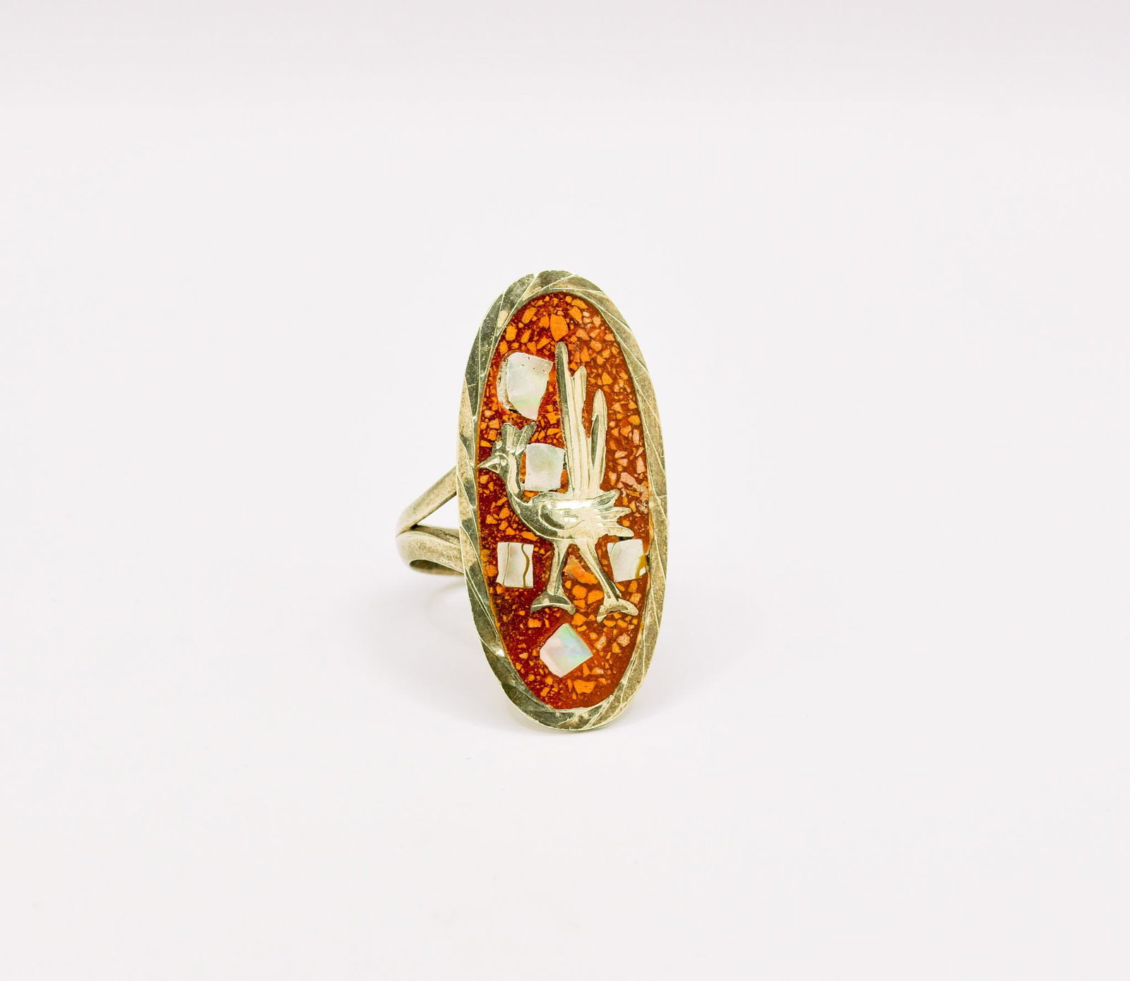 Sterling Silver Road Runner Ring: Red Turquoise & Mother of Pearl Ring Size 8, 5.1 grams