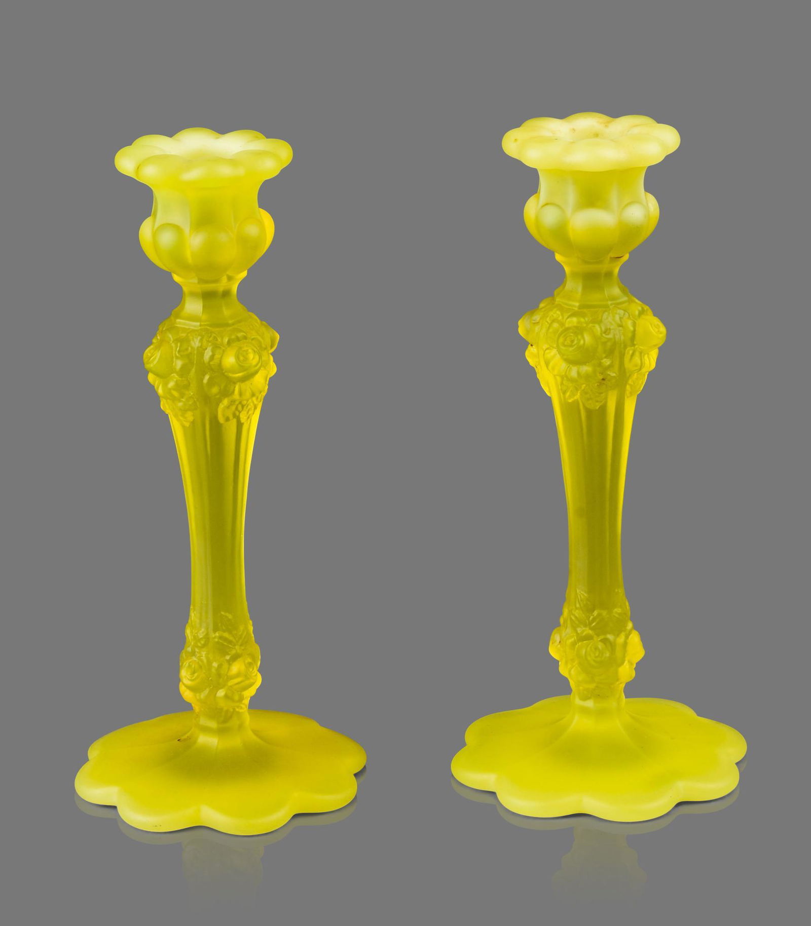Pair of Fenton Cabbage Rose Glass Candlesticks. (1 of 2)