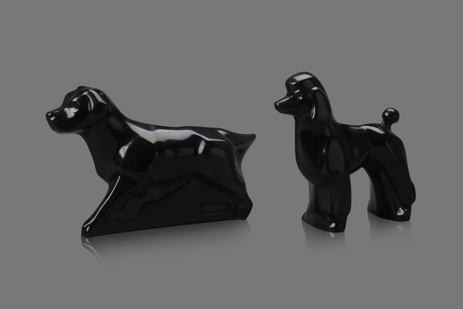 Two Baccarat Black Crystal Dogs.: Lengths 5 and 7 inches, acid etched mark