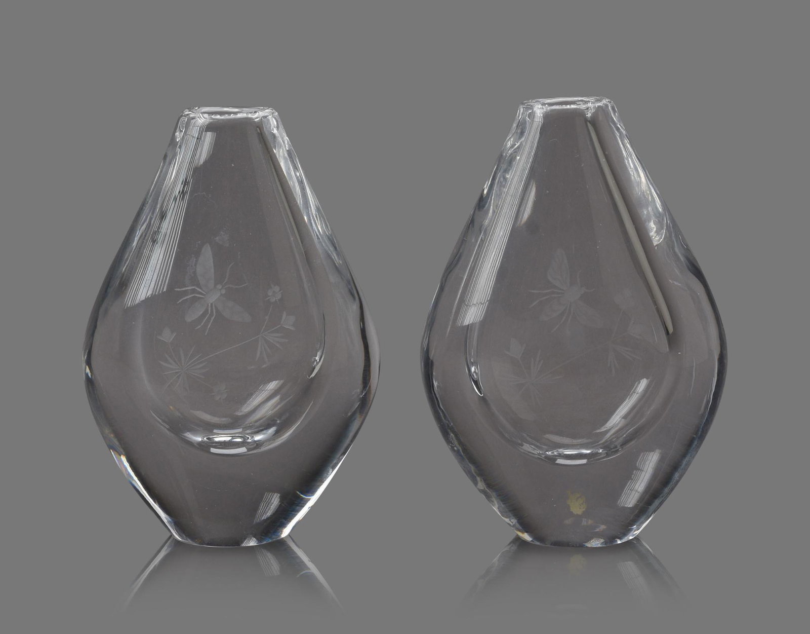 Pair of Orrefors Etched Glass Vases With Butterflies.: Height 5.5 inches, etched mark.