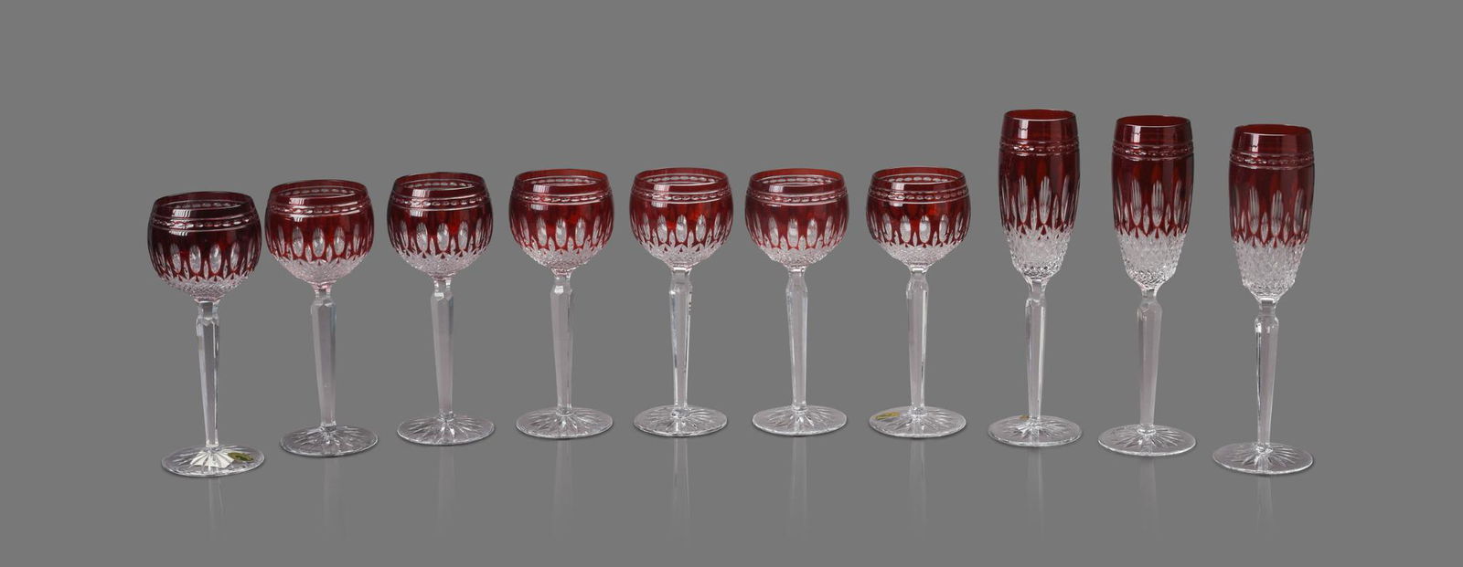 Ten Rare Waterford Red Cut to Clear Stem Glasses. (1 of 3)