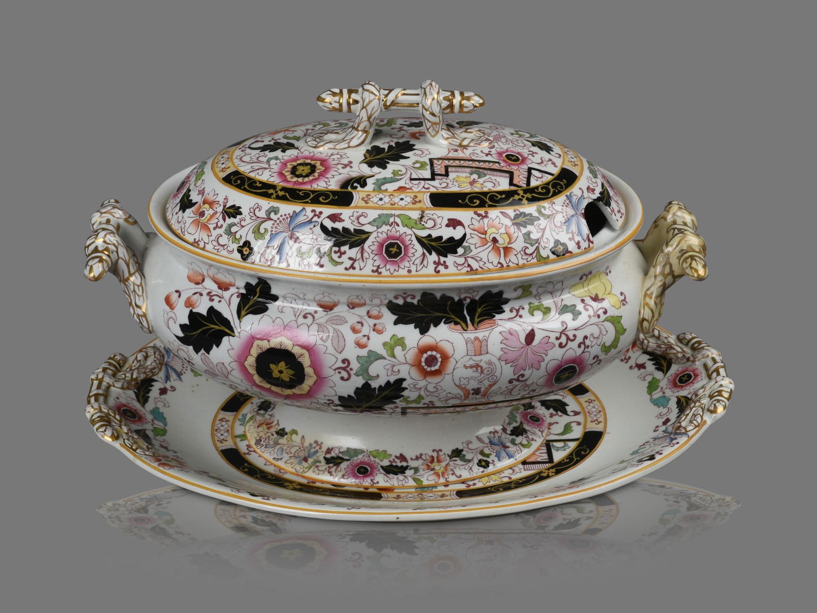 Ashworth Ironstone Tureen and Undertray.: 19th century, length across handles 14 inches, height 10 inches. No maker's mark, decorator's mark in underglaze green.