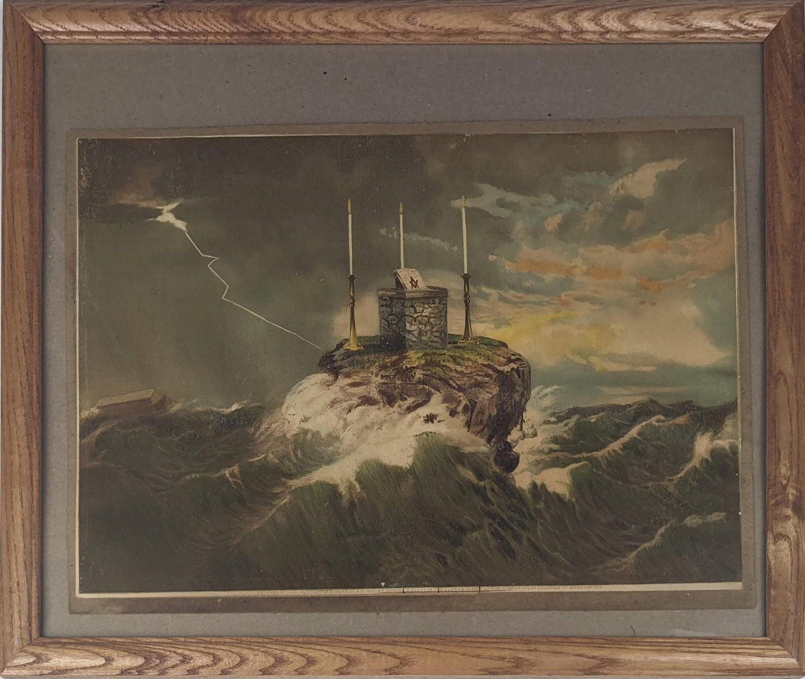 Masonic Themed Chromolithograph.: By Bencke & Scott, image 12 x 18 inches, framed.