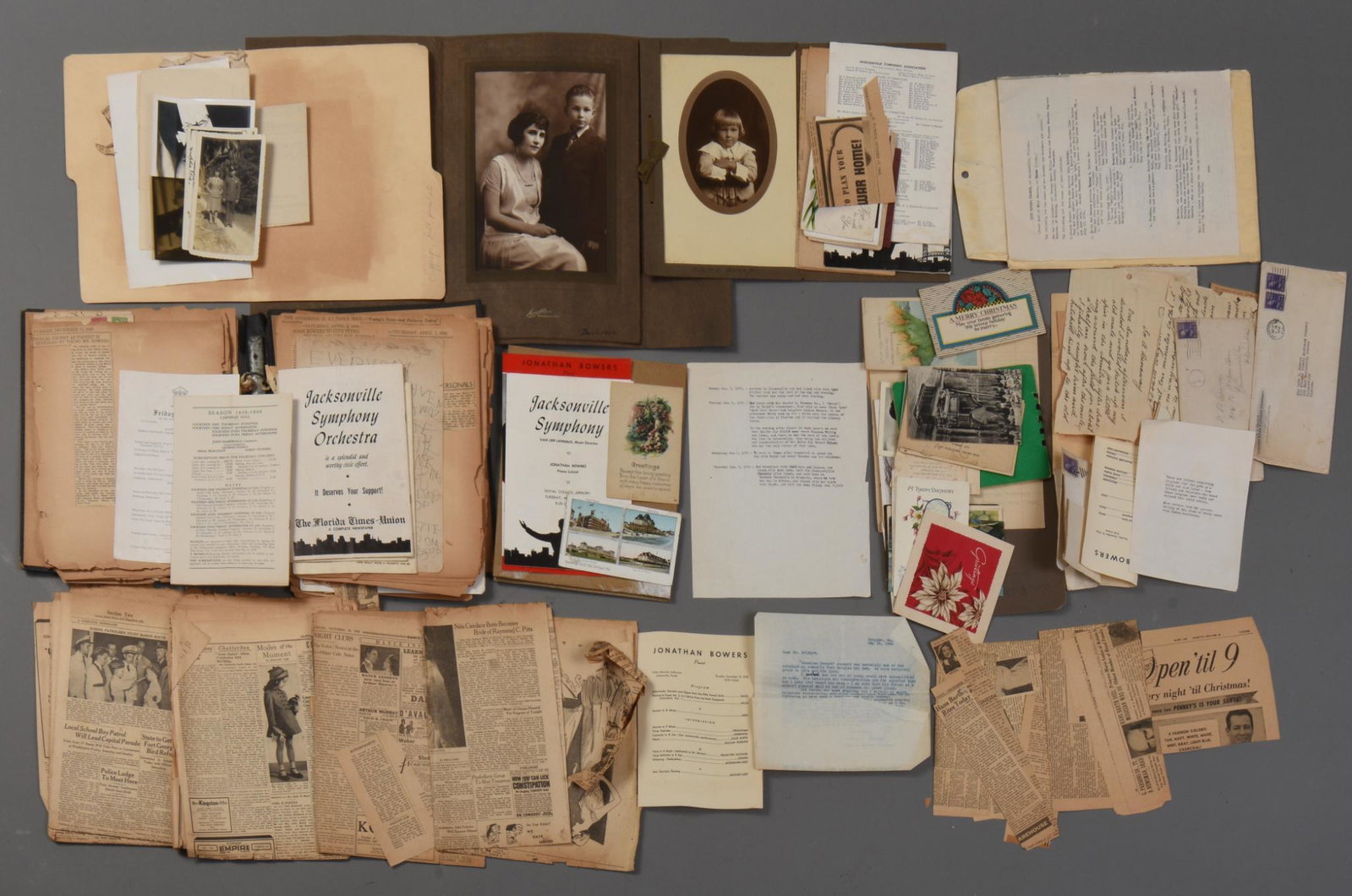 Large Collection of Letters Related to Pianist John Bowers.: Newspaper clippings, letters, postcards, recital programs and more.