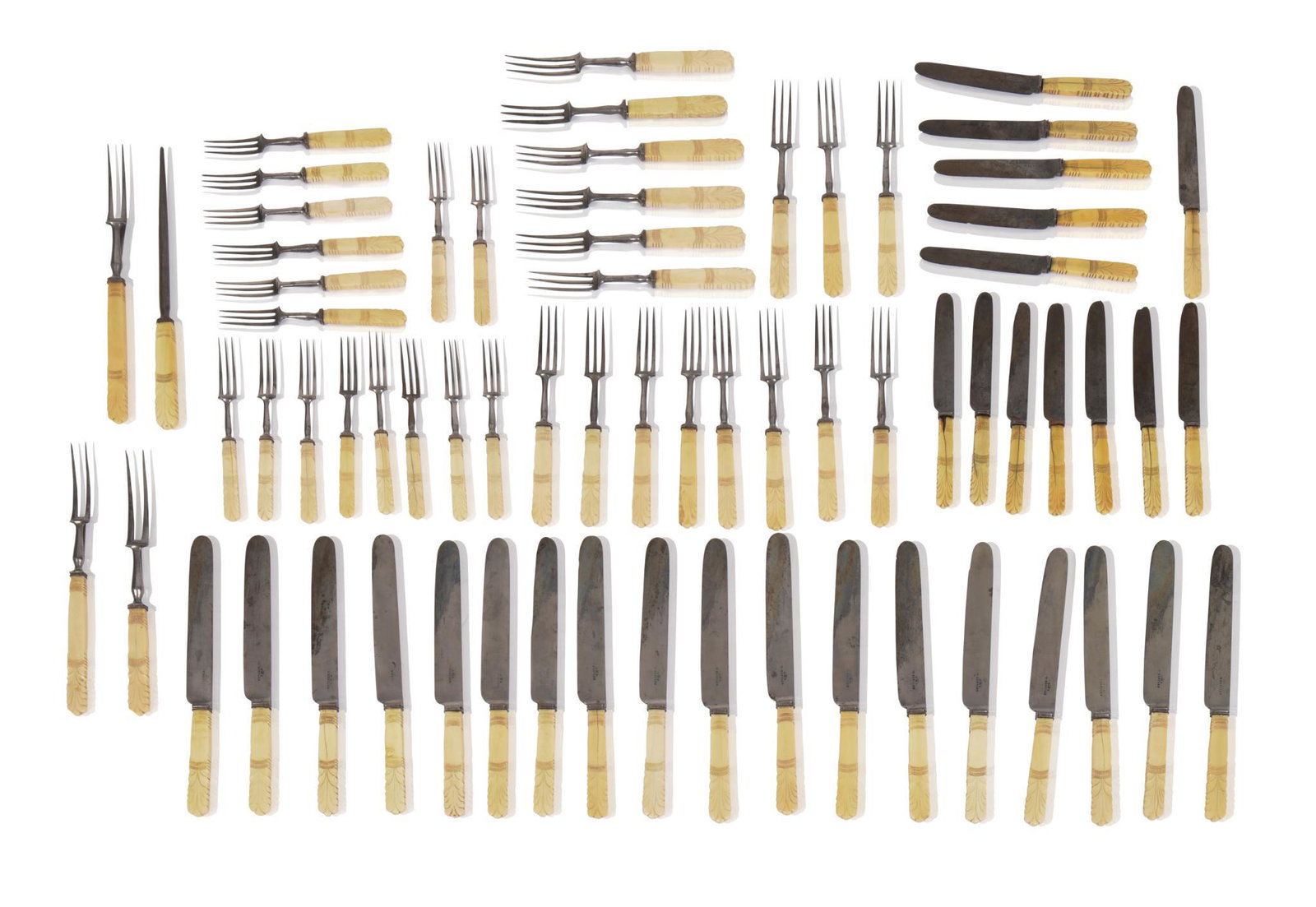 Rare 19th Century English Cutlery Set With Bone Handles: The large knife signed W. Bertles with a crown. Including 16 small forks, 13 small kinves, 17large forks, 18 large knives, 3 serving forks, and 1 sharpening steel. Length of large knife 10.5 inches.