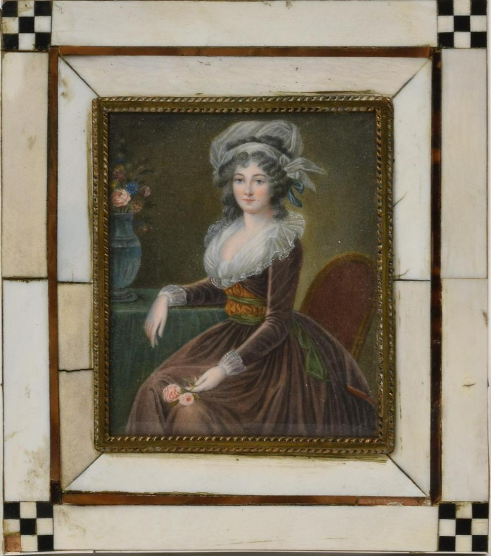Very Fine Miniature Portrait of a Woman.: 3.5 x 3 inches, in a bone frame, 5.75 x 5.25 inches.