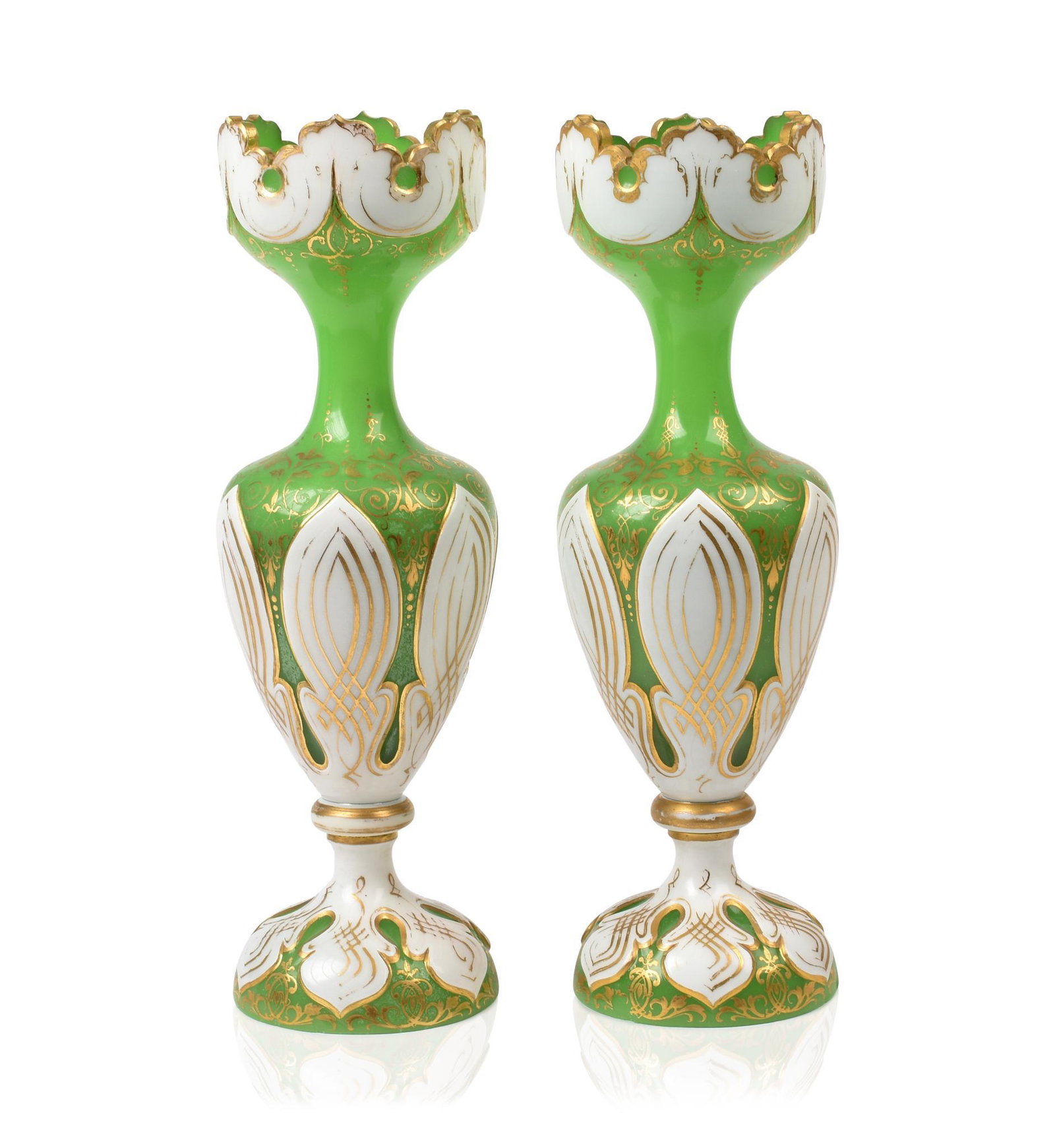 Pair of Bohemian Green Opaline Overlay and Gilt Glass Vases.: C. 1860, base chips on one and re-attached chip on the other. Height 13.5 inches.