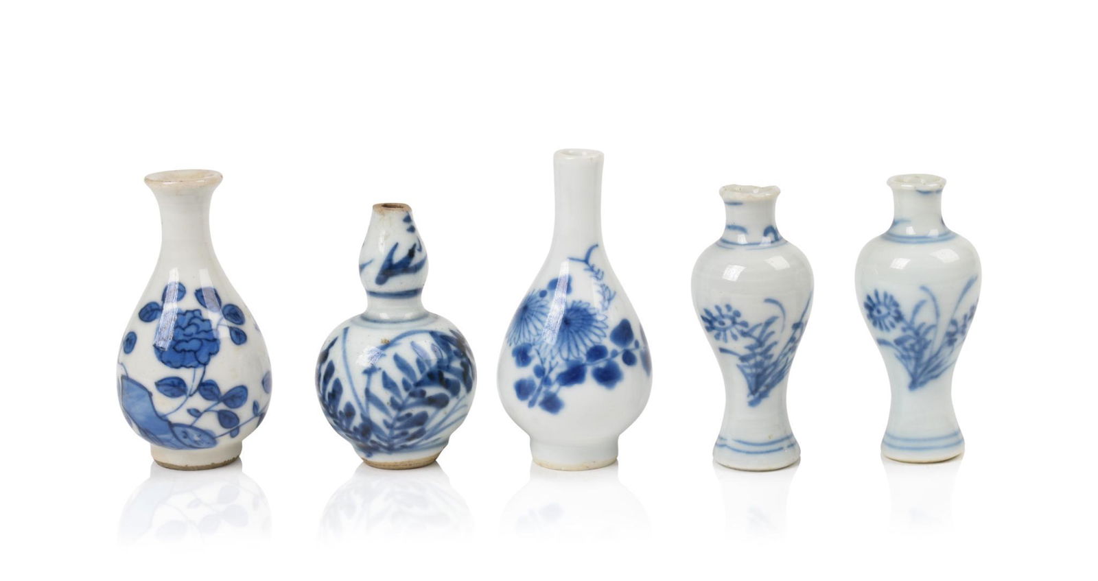 Five Miniature Chinese Blue and White Vases. (1 of 3)