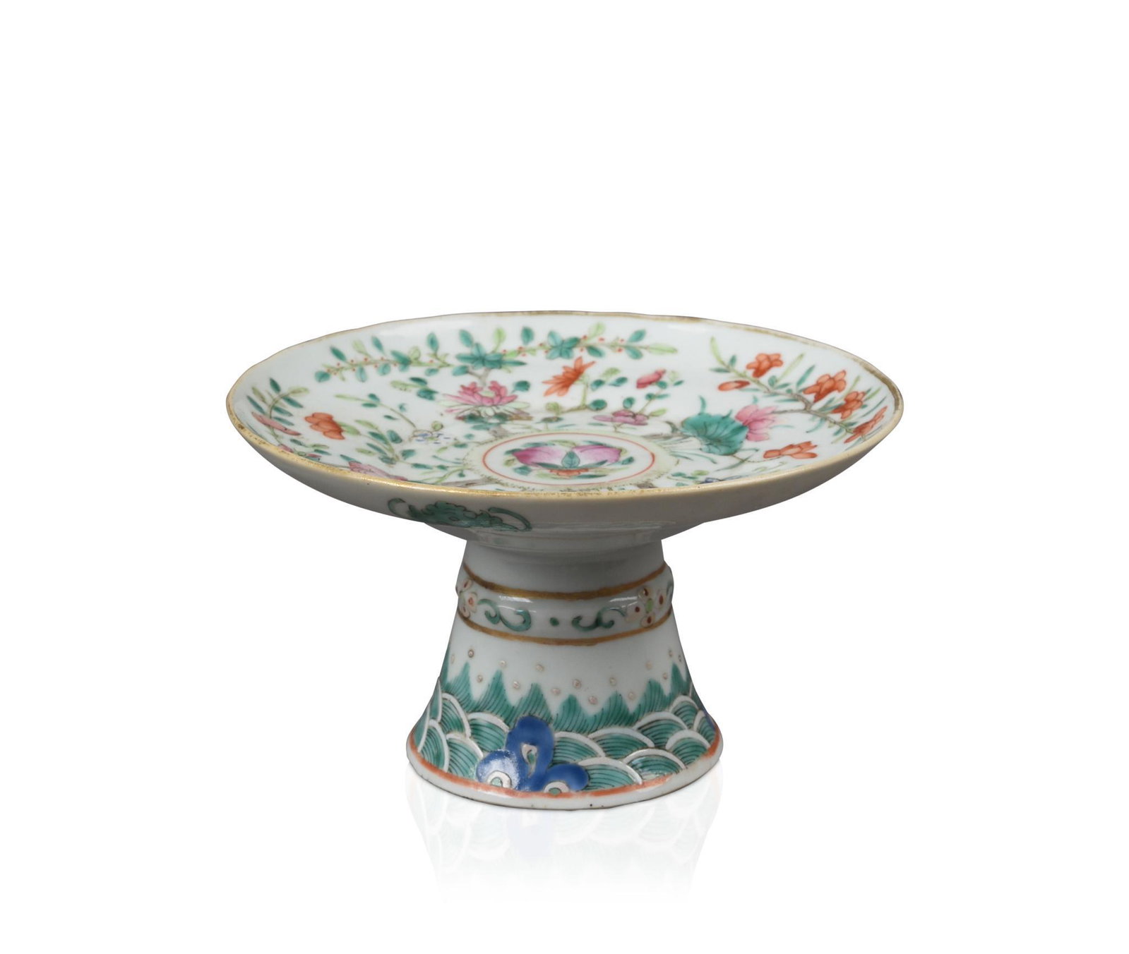 Chinese Famille Rose Porcelain Footed Bowl.: Chinese Famille Rose Porcelain Footed Bowl, decorated with peaches, flowers and bats, wave pattern at base, 19th c. Diameter 5.625 inches, height 3.25 inches.