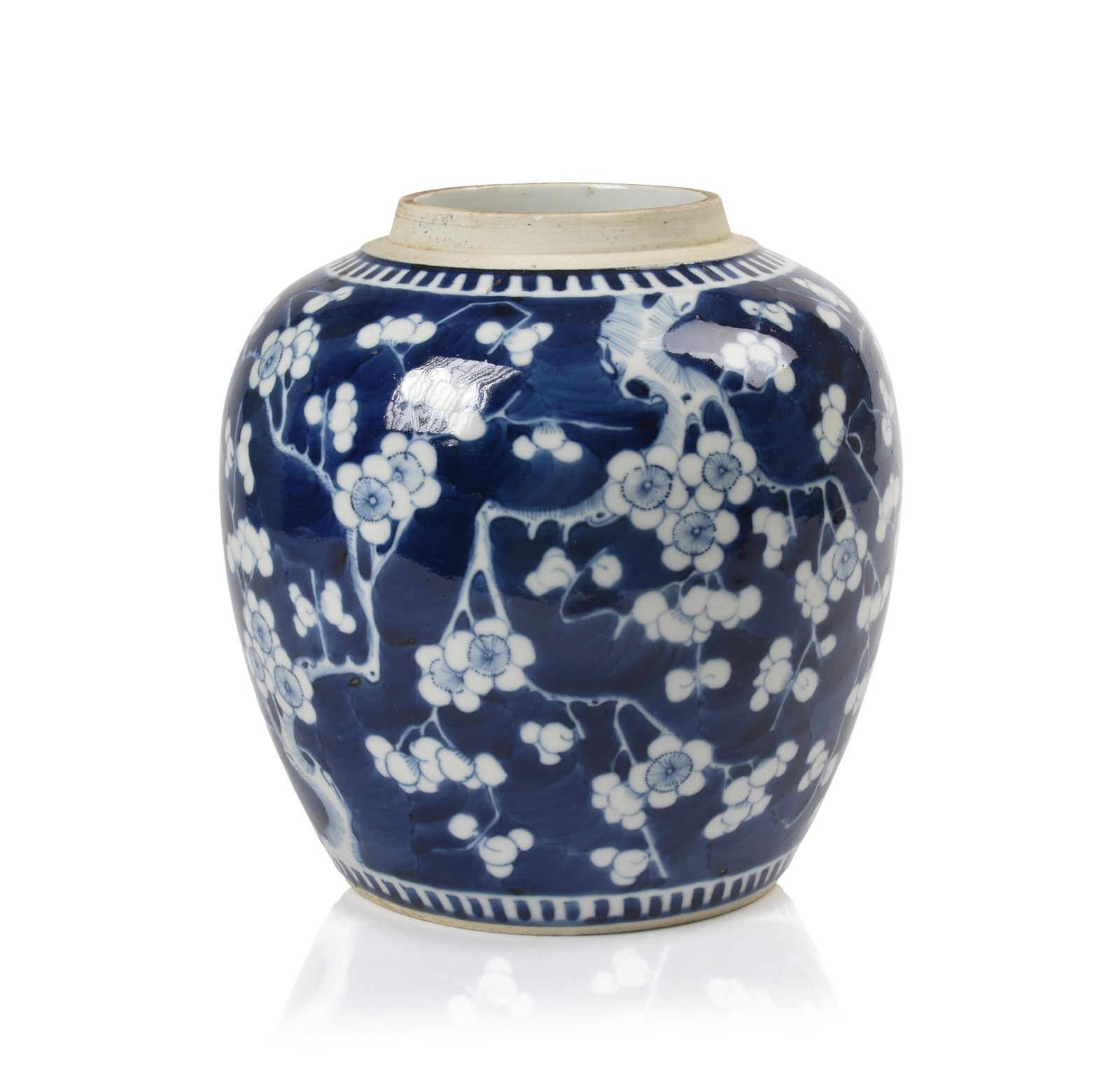 Chinese Blue and White Porcelain Prunus Jar.: Chinese Blue and White Porcelain Prunus Jar, Kangxi 4 character mark, 19th c. Height 9 inches.