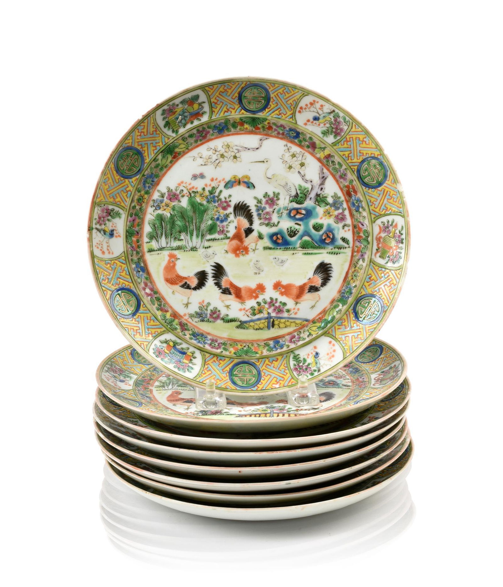 Eight Chinese Famille Rose Porcelain Rooster Plates. (1 of 3)
