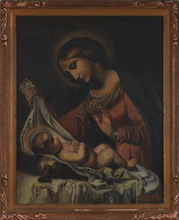 Old Master Style Mother & Child: Signed LR James Barry 1924. 28 x 36 inches, frame 34 x 41.5 inches.