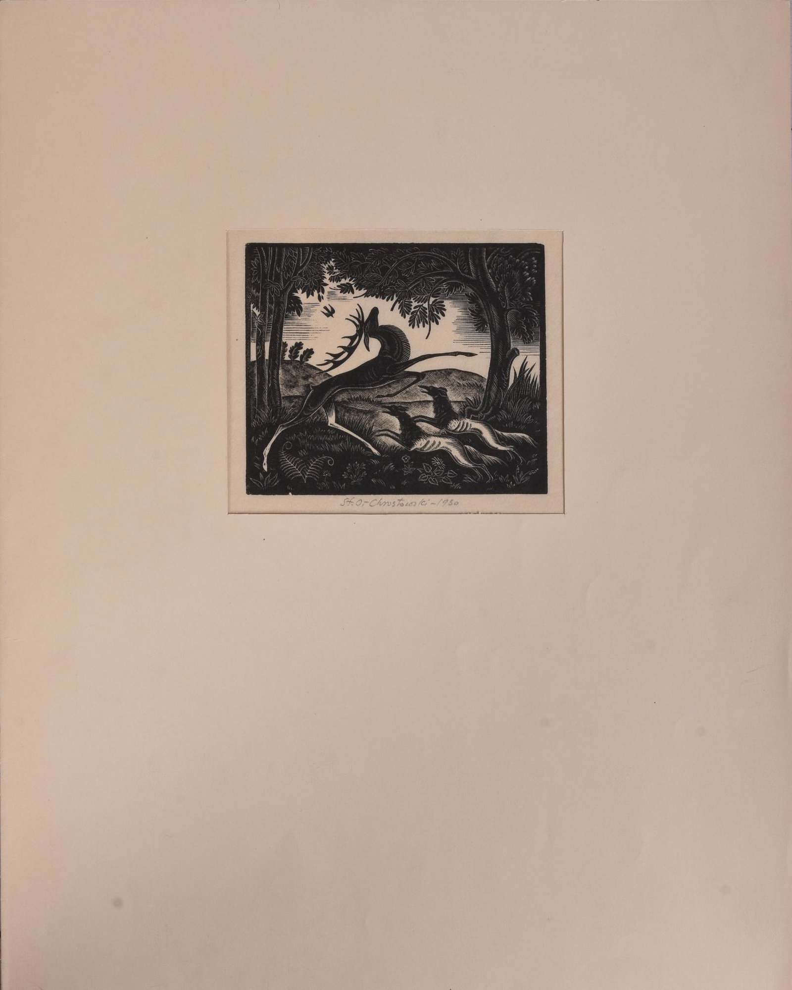 Stanislaw Ostoja-Chrostowski Wood Engraving.: Poland, 1897-1947. 'Stag and Hounds,' 1930, signed and dated lower center. Image 4 by 4 5/8 inches, mat 15.75 by 12.5 inches.