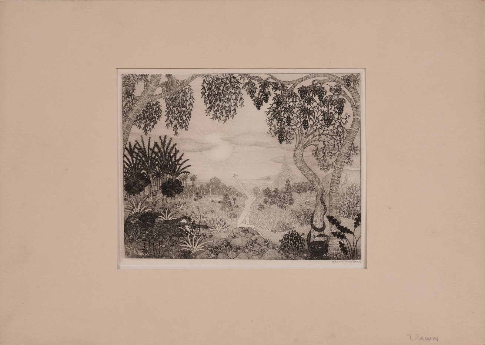 Livia Kadar Etching: Hungarian, 1894-1985. 'Dawn,' pencil signed lower right. Plate 5.5 by 7 inches, mat 10.25 by 14 3/8 inches.