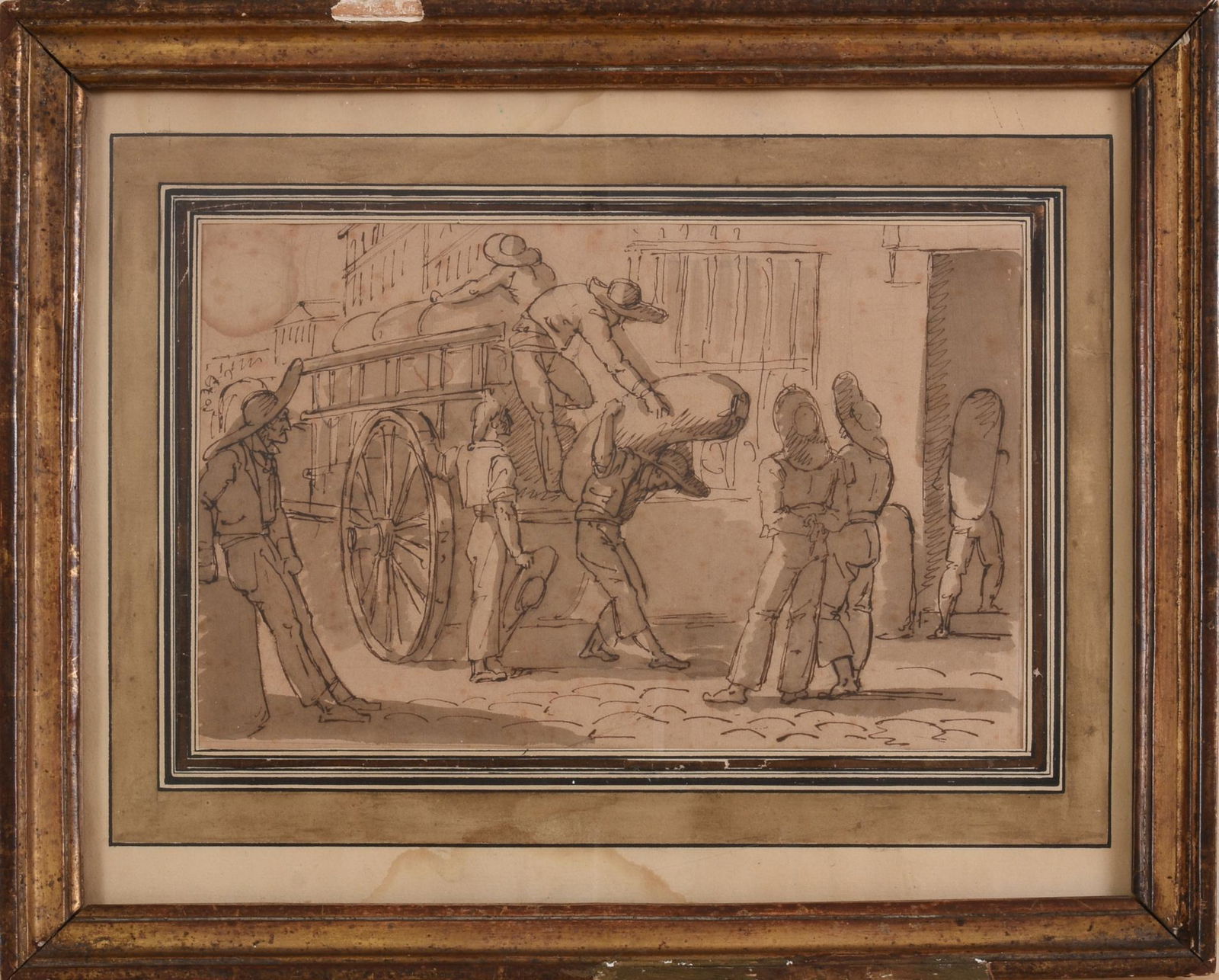 French School Drawing of Men Unloading a Wagon. (1 of 2)